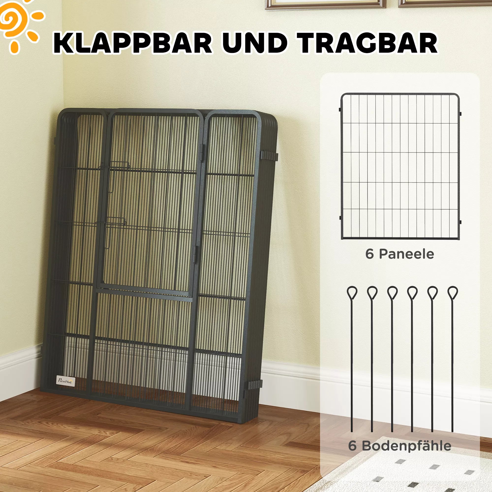 Šunų voljeras, 6 dalių, sulankstomas, plieninis, juodas