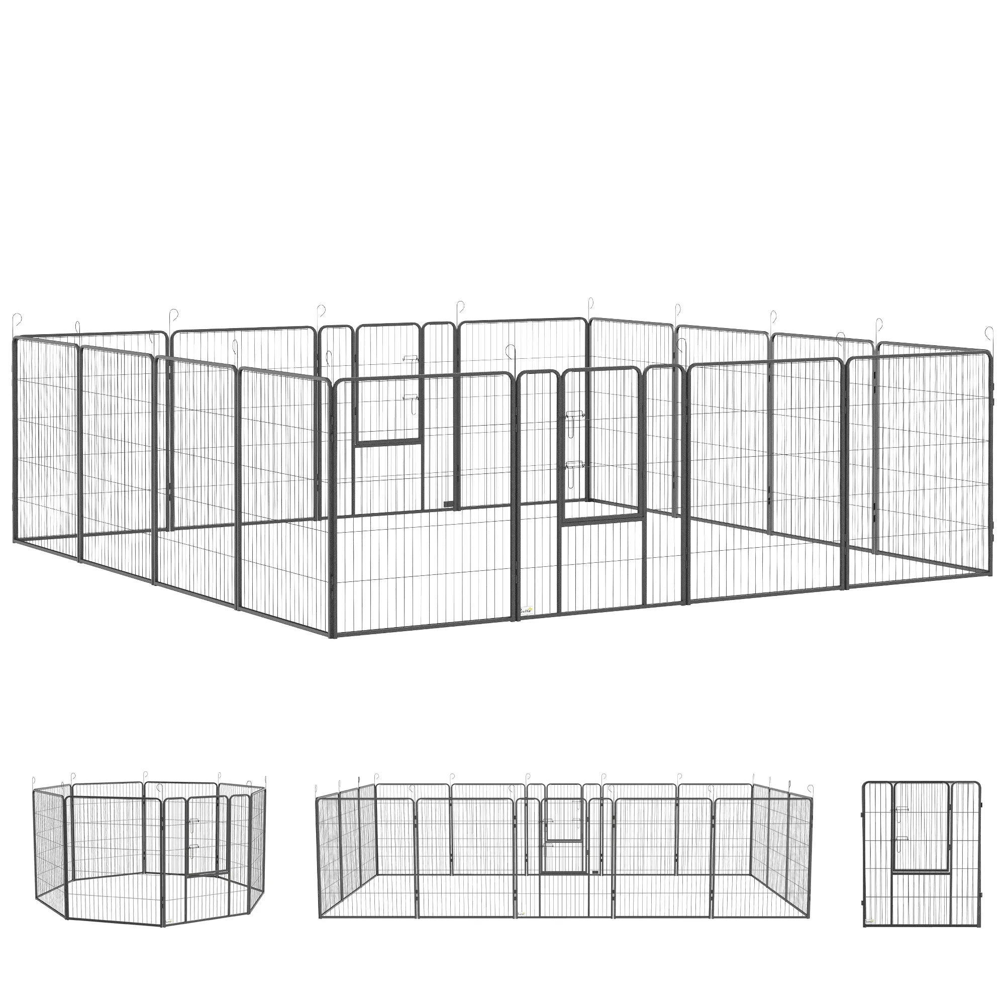 Šunų voljeras, modulinis, 16 elementų, 2 durys, plieninis, 3,2 x 3,2 x 1 m, pilkas