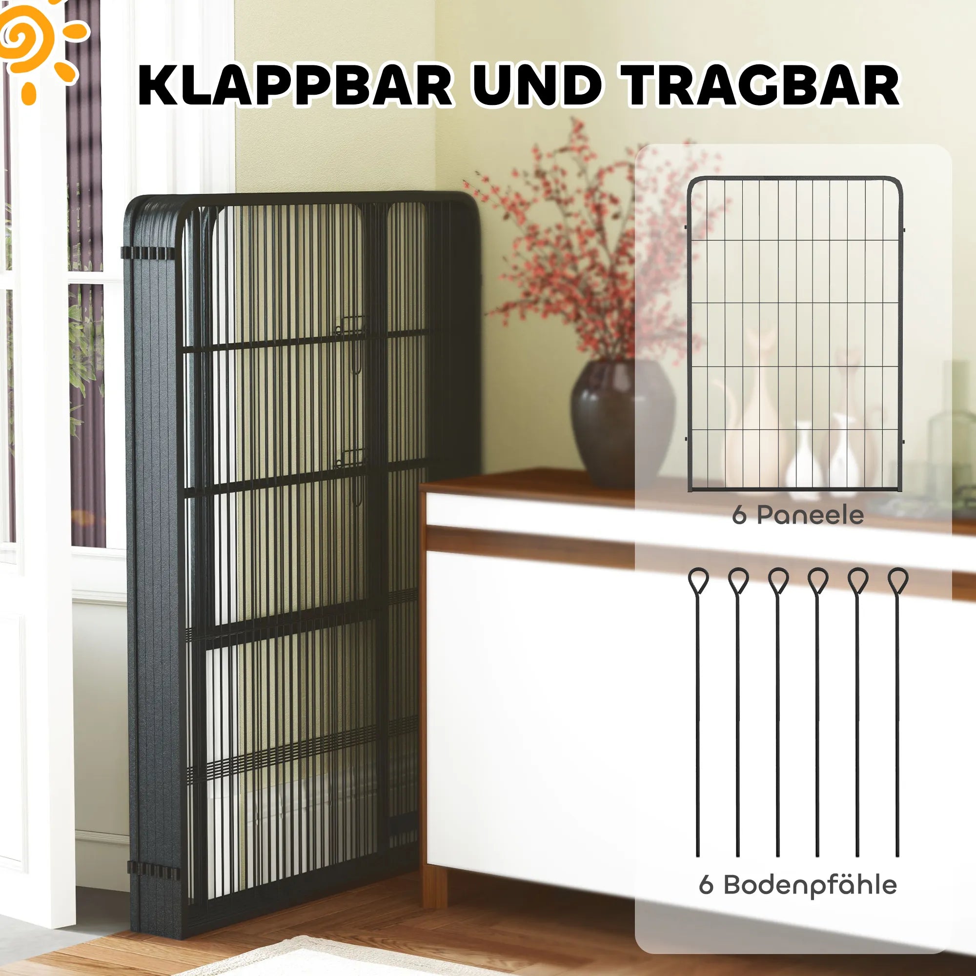 Šunų voljeras su varteliais, 6 segmentų, 100 cm aukščio, juodas