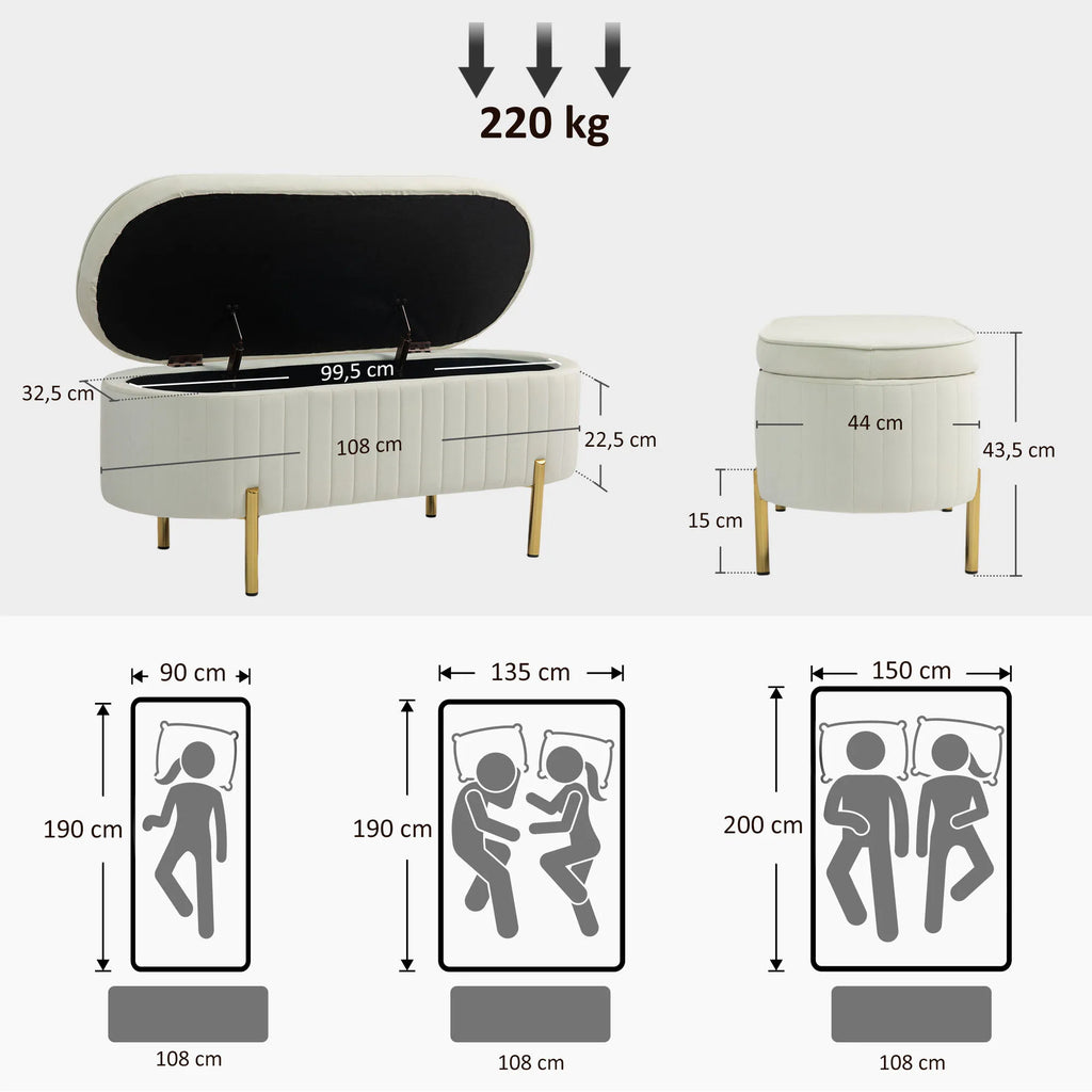 Suolas su daiktadėže ir atlenkiama sėdyne, 108 cm, kreminis