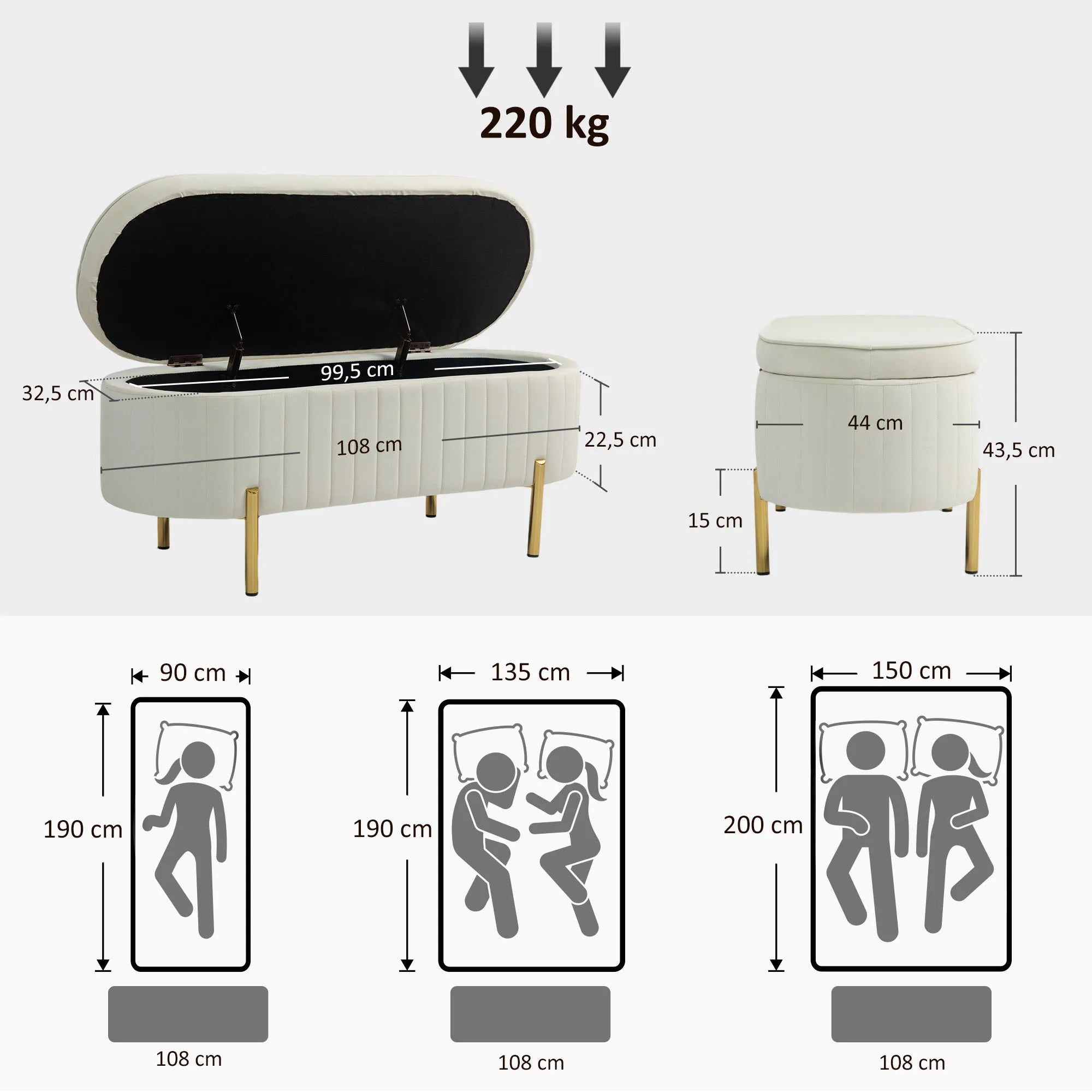 Suolas su daiktadėže ir atlenkiama sėdyne, 108 cm, kreminis