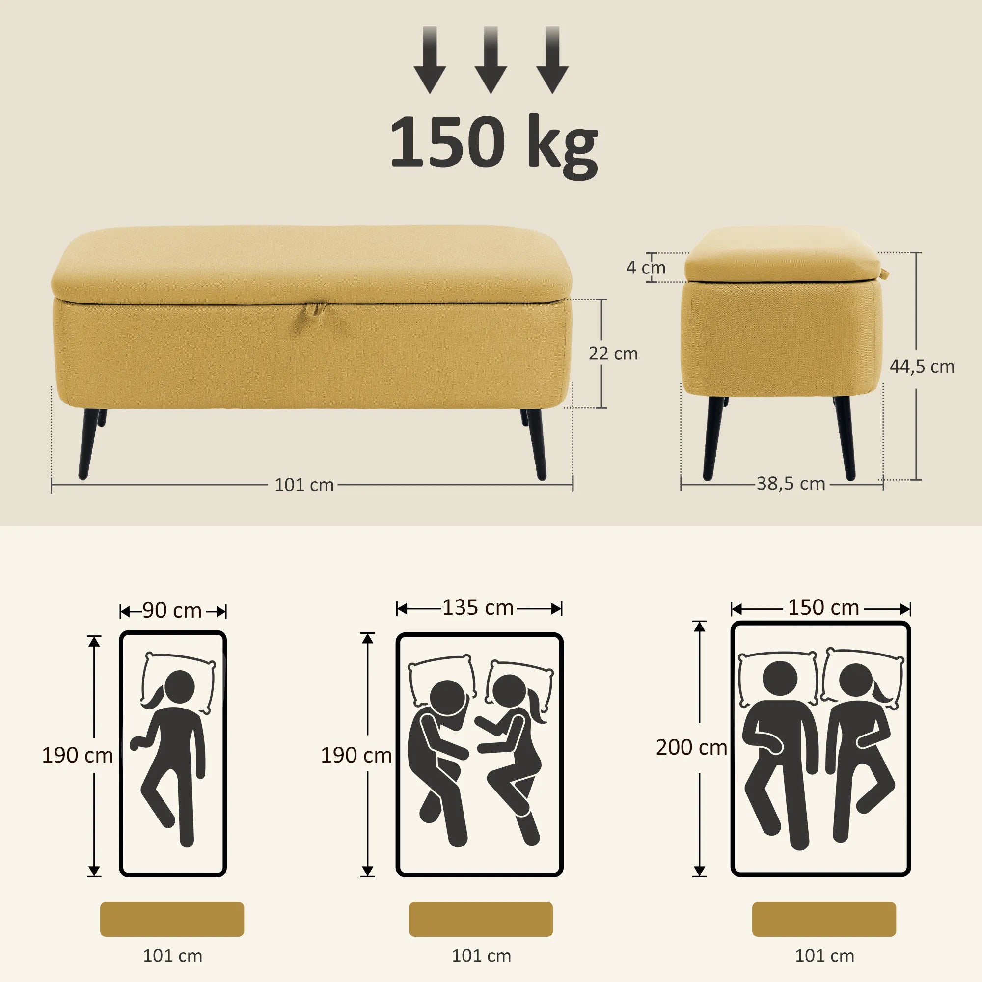 Suoliukas-daiktadėžė su paminkštinimu iki 150 kg, geltonas