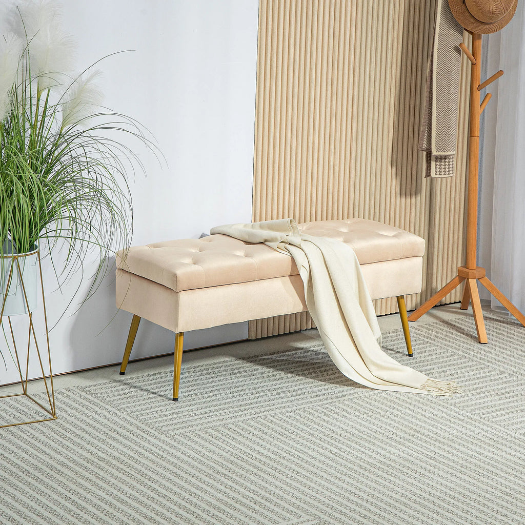 Suoliukas su daiktadėže ir veliūro apdaila, 102 × 35 × 43 cm, smėlio spalvos