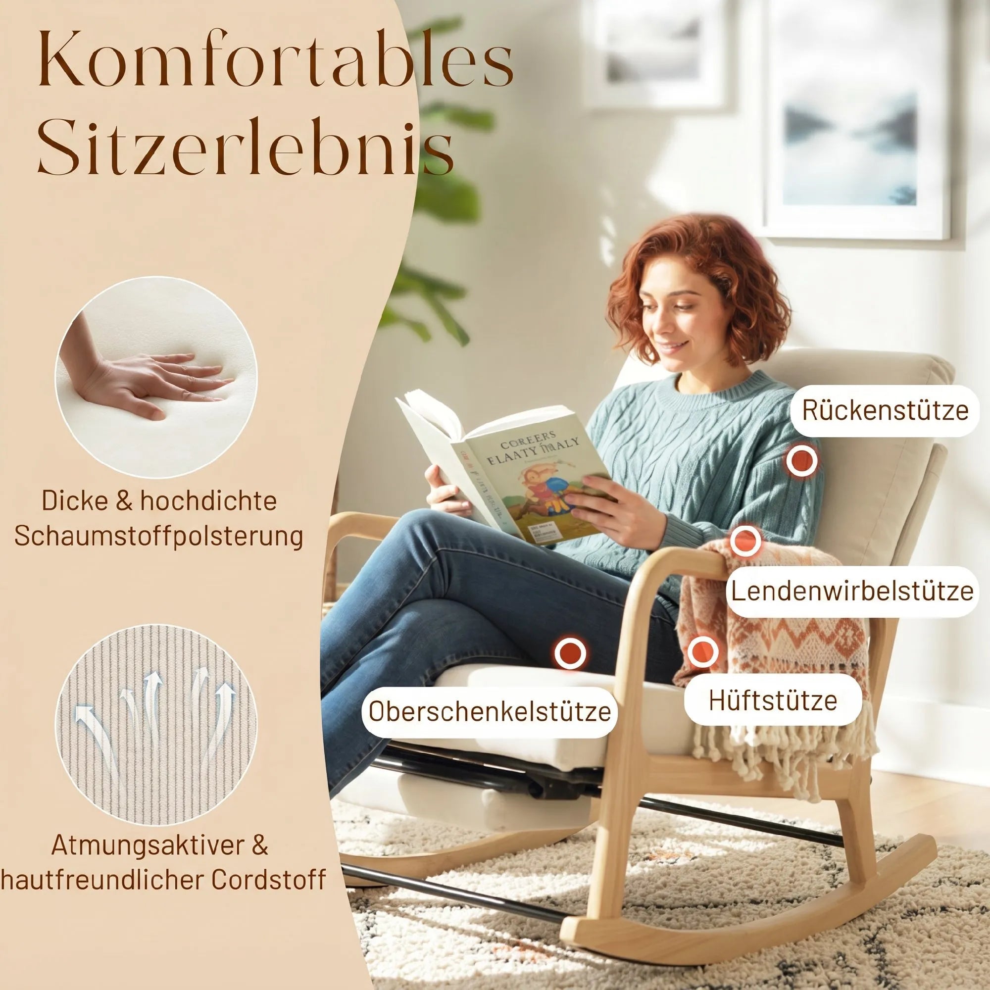 Supamoji kėdė su reguliuojamu atlošu ir kojų atrama, kreminės spalvos
