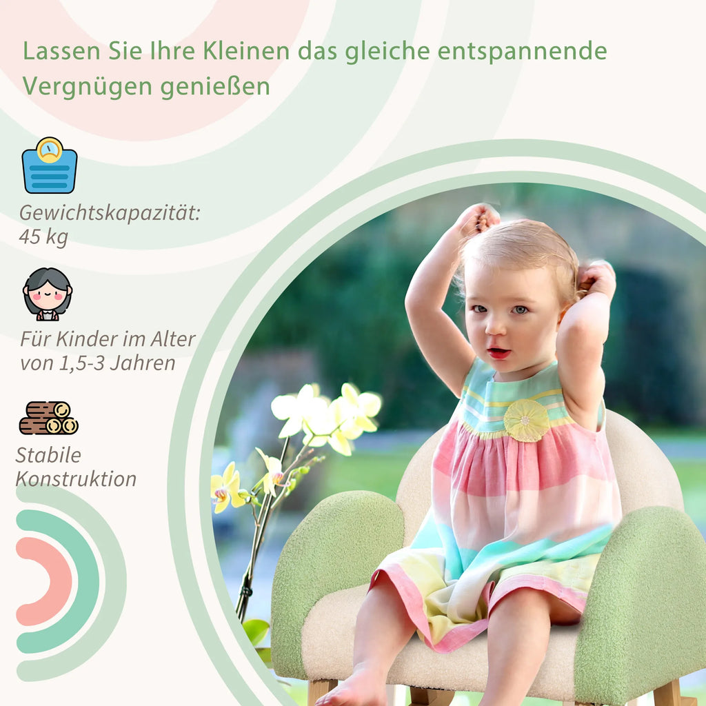 Sūpynės kėdė mažiems vaikams Mielas dizainas, dirbtinė avikailio oda, eukalipto mediena Žalia + geltona smėlio spalva