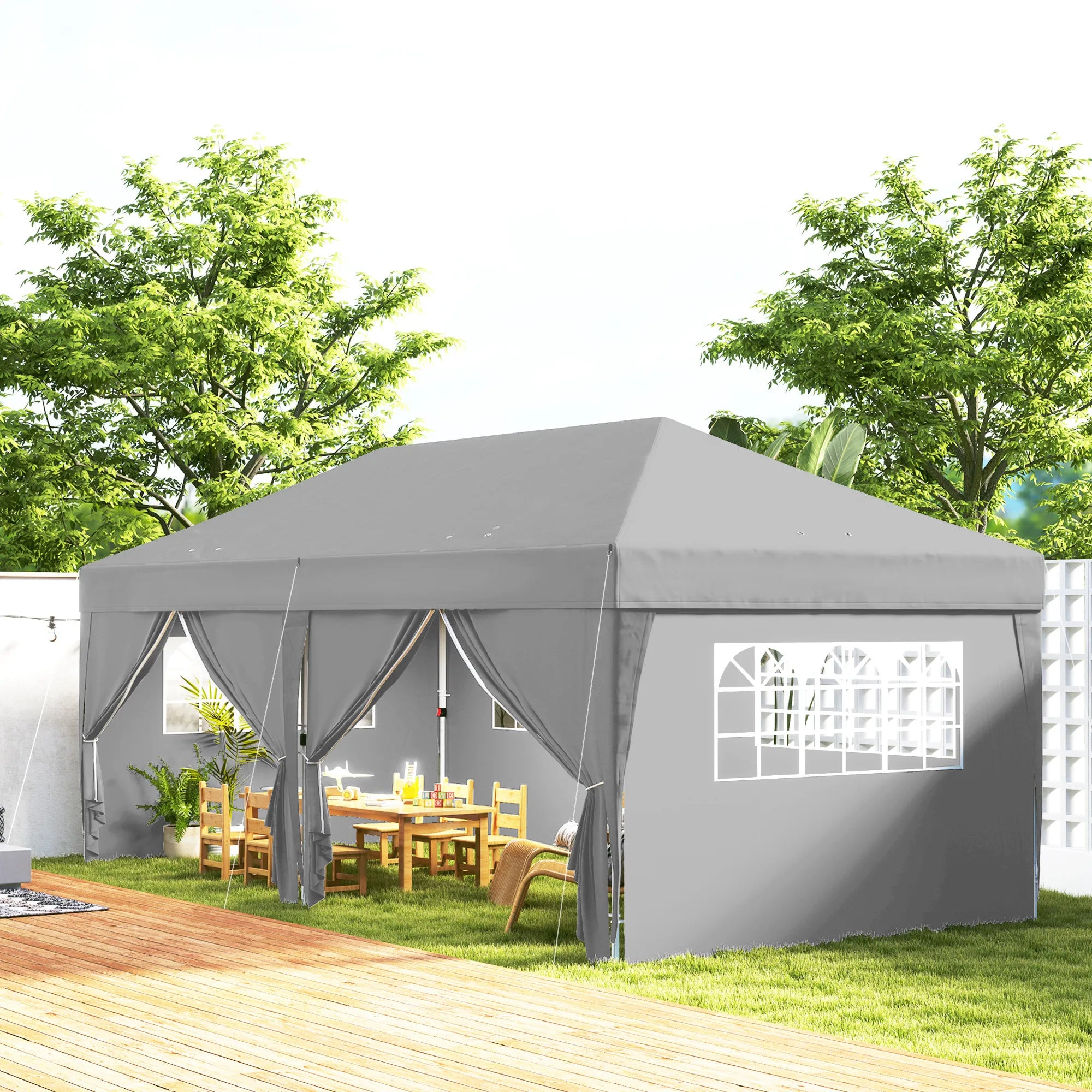 Surenkama pavėsinė-paviljonas, greito surinkimo komplektas su langais ir užtrauktukais, plienas ir poliesteris, 6x3 m, pilkas