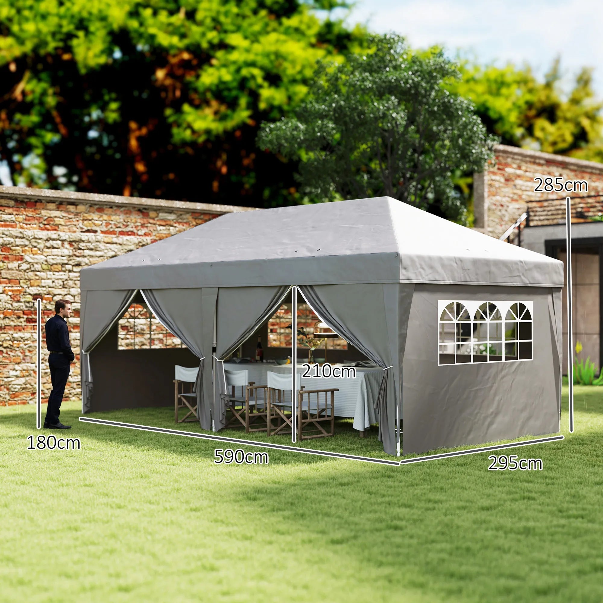 Surenkama pavėsinė-paviljonas, greito surinkimo komplektas su langais ir užtrauktukais, plienas ir poliesteris, 6x3 m, pilkas