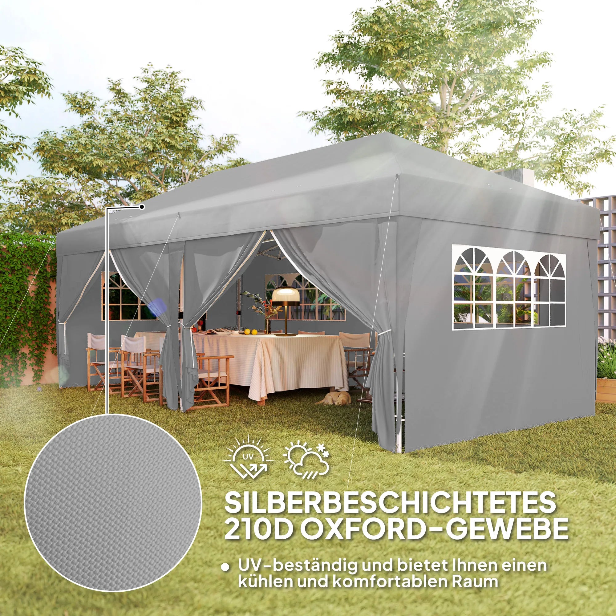 Surenkama pavėsinė-paviljonas, greito surinkimo komplektas su langais ir užtrauktukais, plienas ir poliesteris, 6x3 m, pilkas
