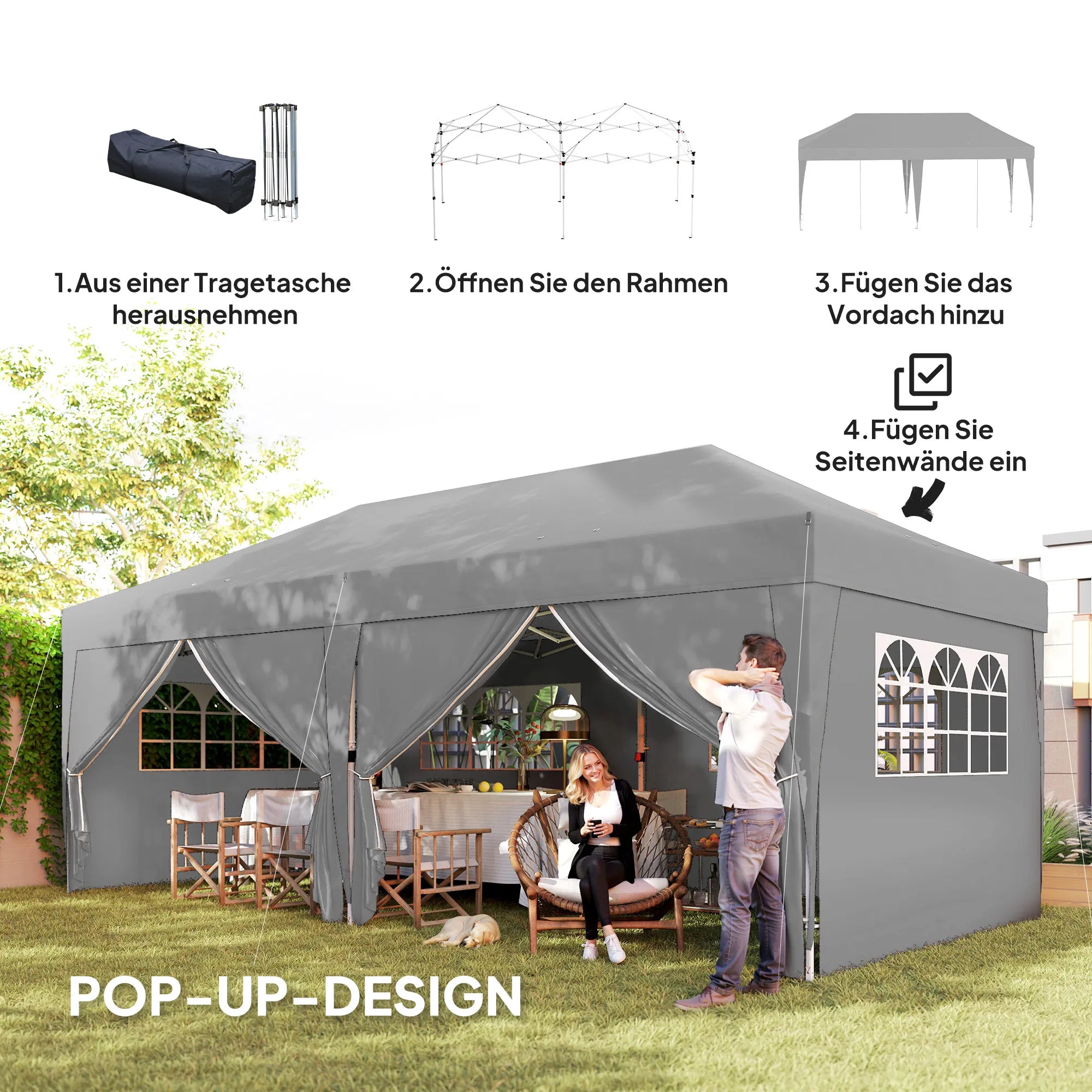 Surenkama pavėsinė-paviljonas, greito surinkimo komplektas su langais ir užtrauktukais, plienas ir poliesteris, 6x3 m, pilkas