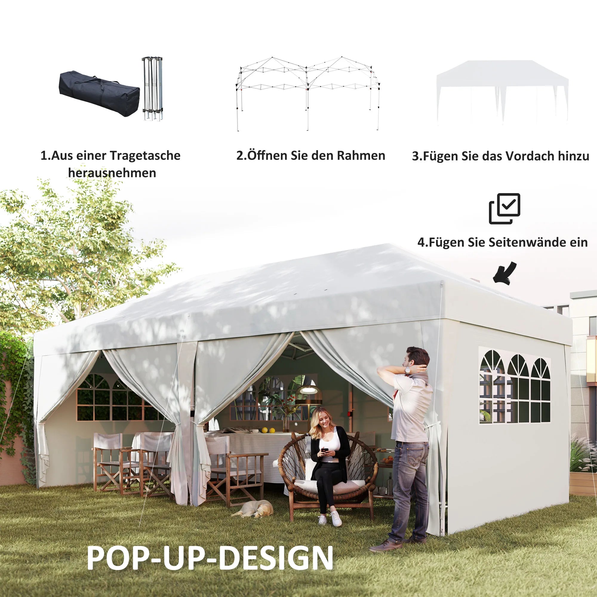 Surenkama pavėsinė-paviljonas, stabilus 6 dalių palapinės komplektas su langais ir užtrauktukais, plienas ir poliesteris, 6x3 m, balta