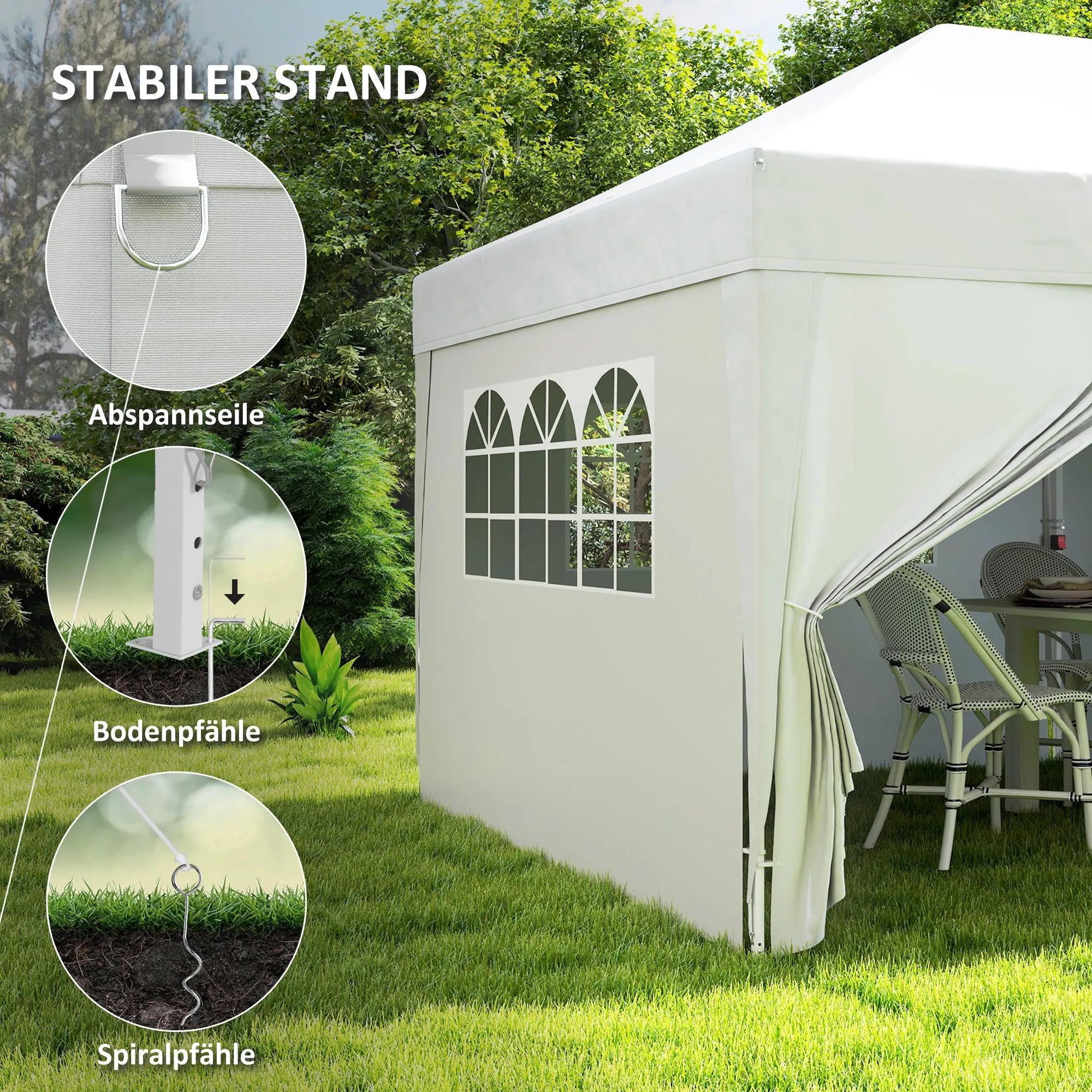 Surenkama pavėsinė-paviljonas, stabilus 6 dalių palapinės komplektas su langais ir užtrauktukais, plienas ir poliesteris, 6x3 m, balta