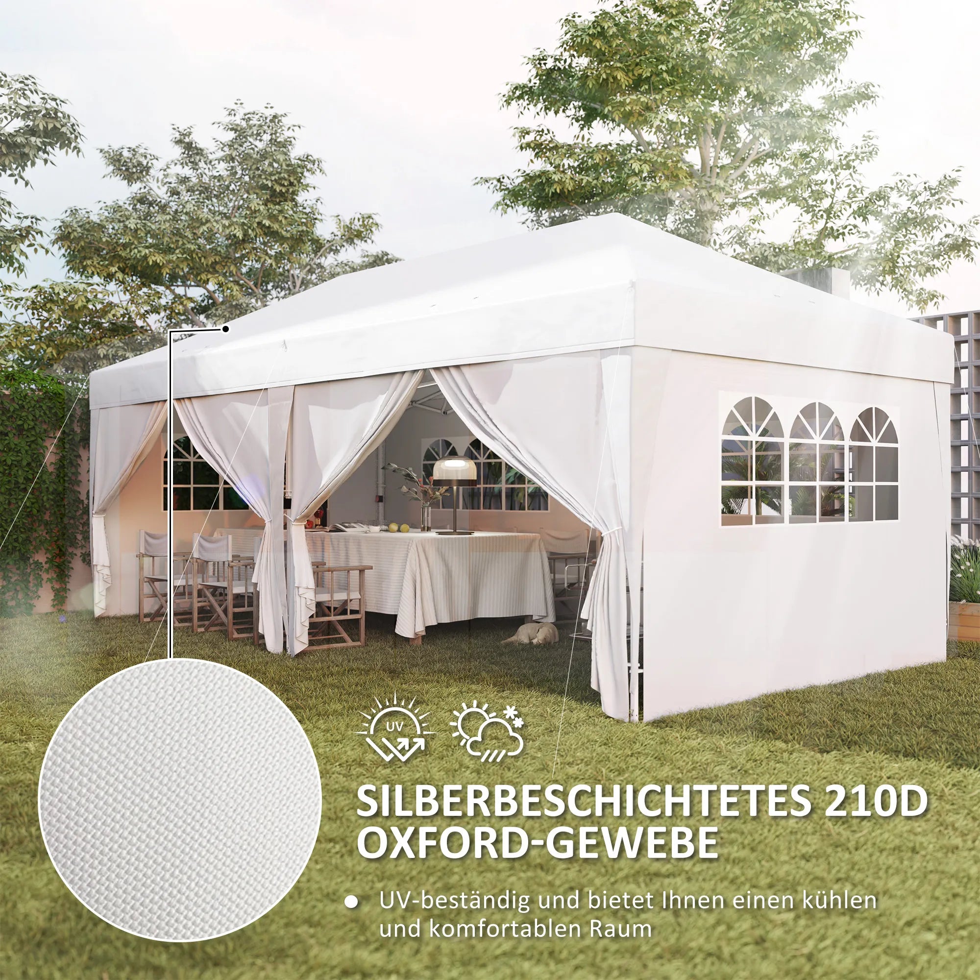 Surenkama pavėsinė-paviljonas, stabilus 6 dalių palapinės komplektas su langais ir užtrauktukais, plienas ir poliesteris, 6x3 m, balta