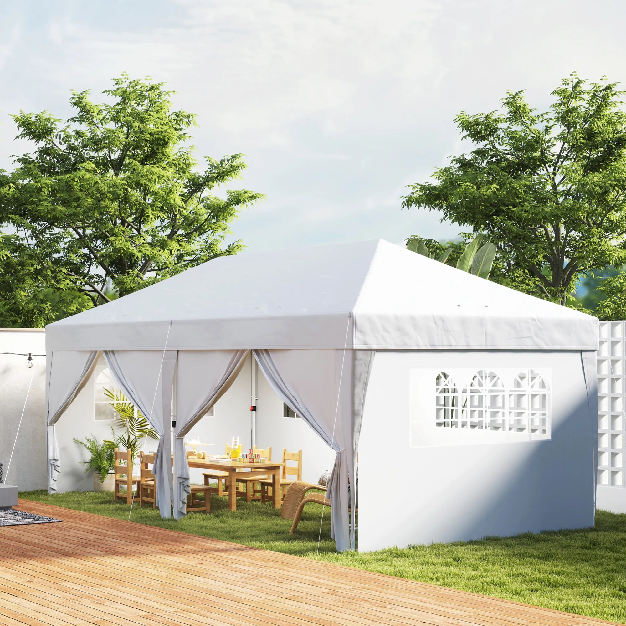 Surenkama pavėsinė-paviljonas, stabilus 6 dalių palapinės komplektas su langais ir užtrauktukais, plienas ir poliesteris, 6x3 m, balta