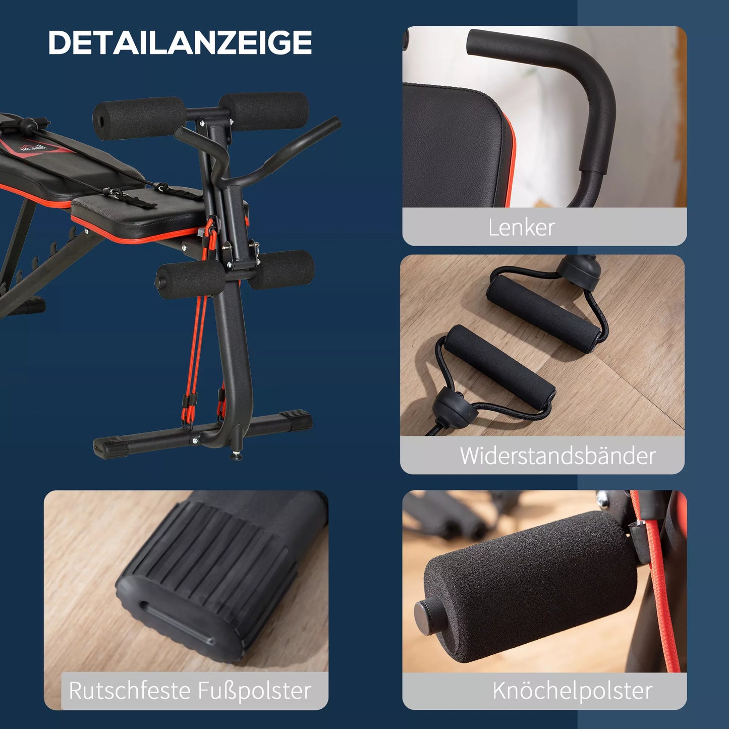 Reguliuojamas treniruočių suoliukas su gumomis, suoliukas atsispaudimams namų treniruotėms, 6 atlošo pozicijos, keliamoji galia iki 150 kg, plienas, dirbtinė oda, juoda+raudona, 145 x 49 x 48-127 cm