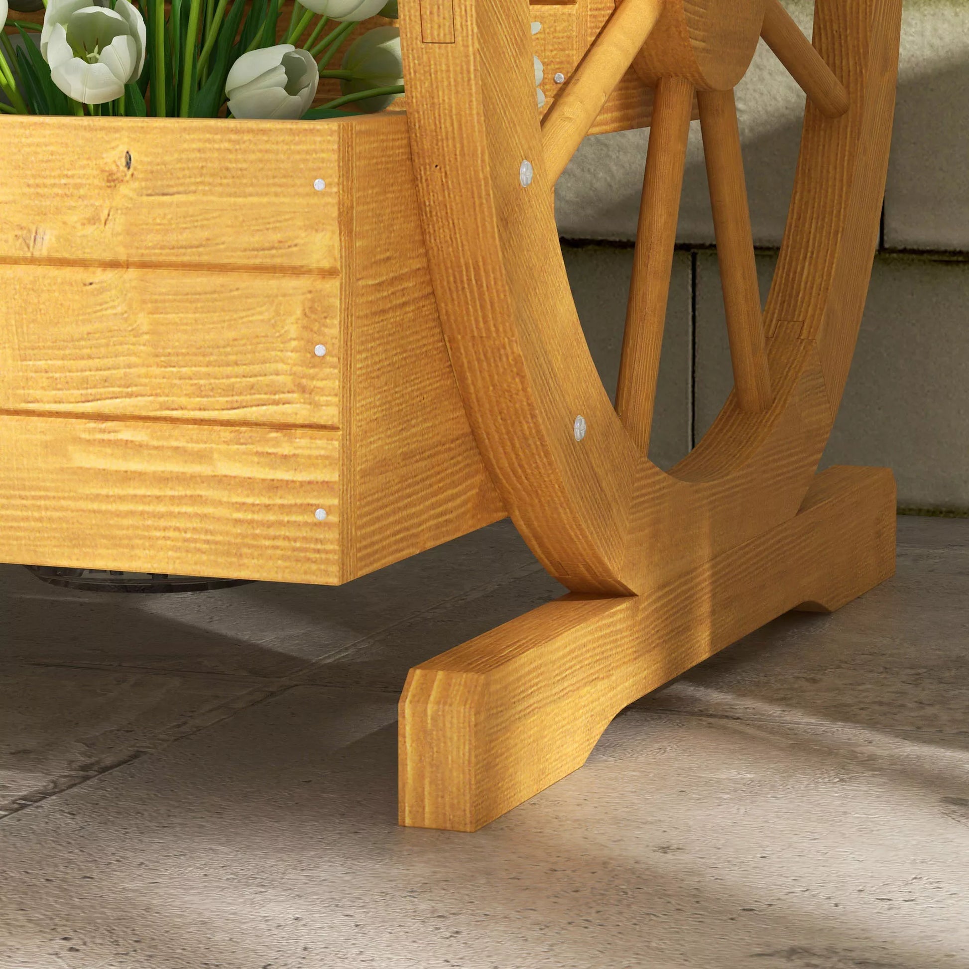 Aukštas gėlių vazonas, 3 aukštai, vežimo rato dekoro, natūralaus medžio, 62 x 61 x 57 cm