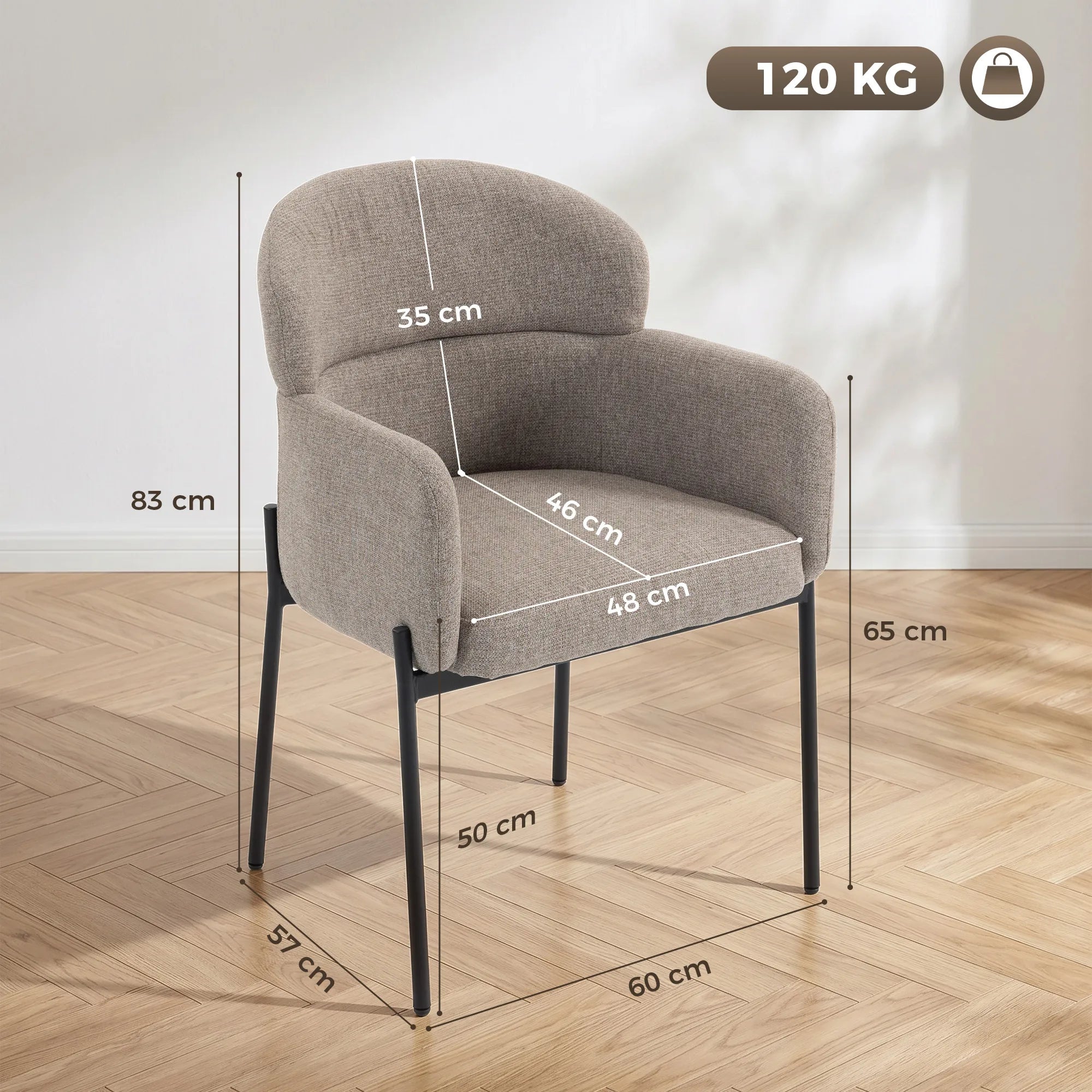 Matmenų schema: fotelio aukštis 83 cm, sėdynė 48x46 cm, apkrova 120 kg