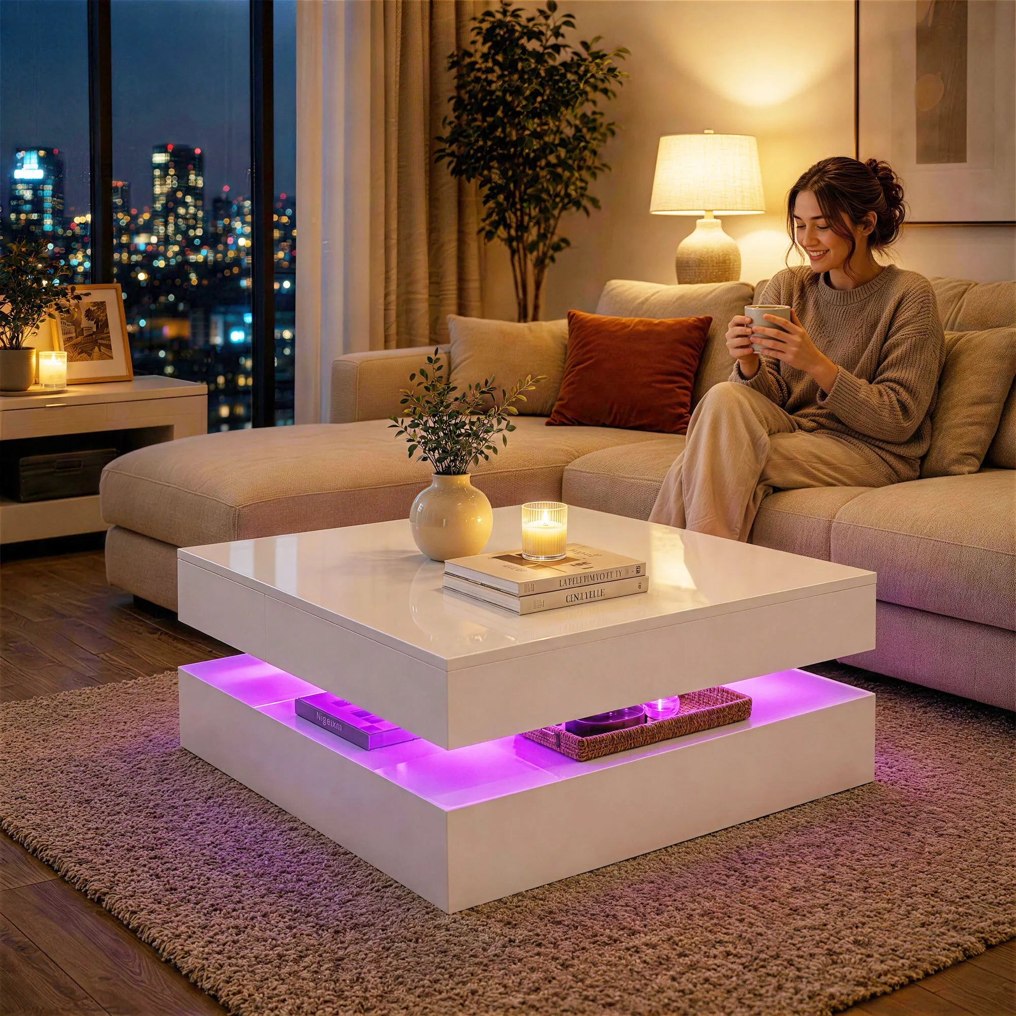 Svetainės staliukas su RGB LED apšvietimu, 2 stalviršių, baltas