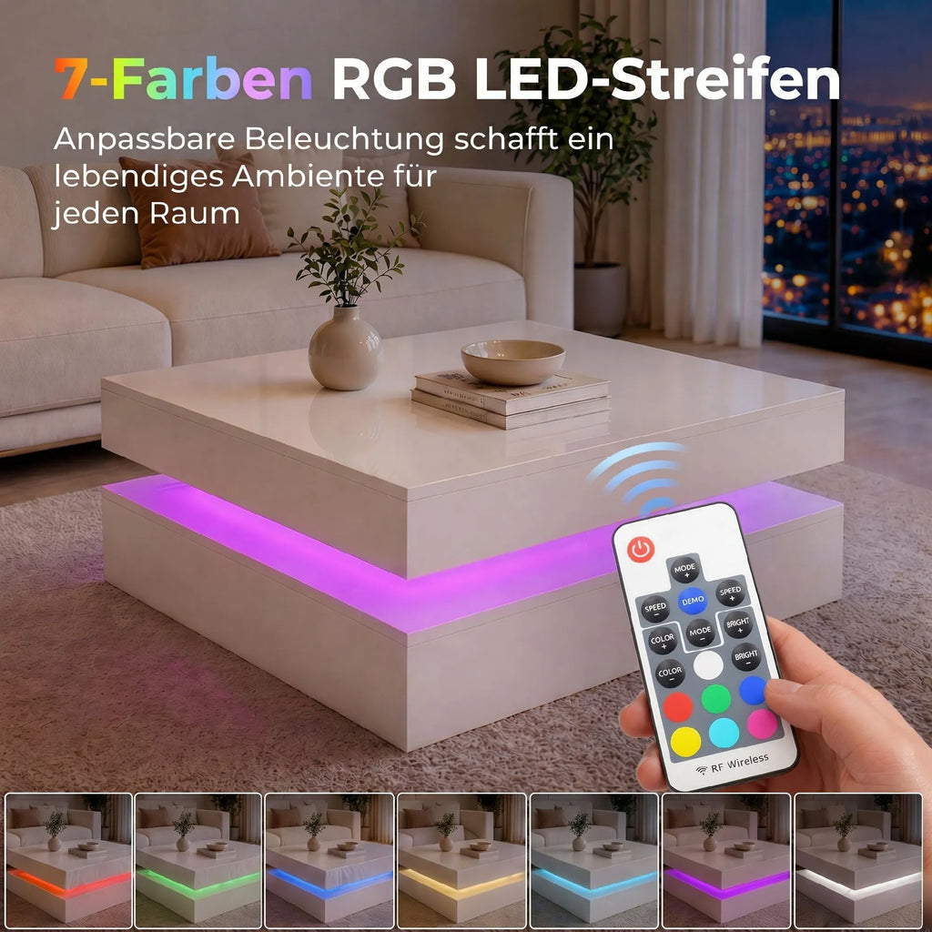 Svetainės staliukas su RGB LED apšvietimu, 2 stalviršių, baltas
