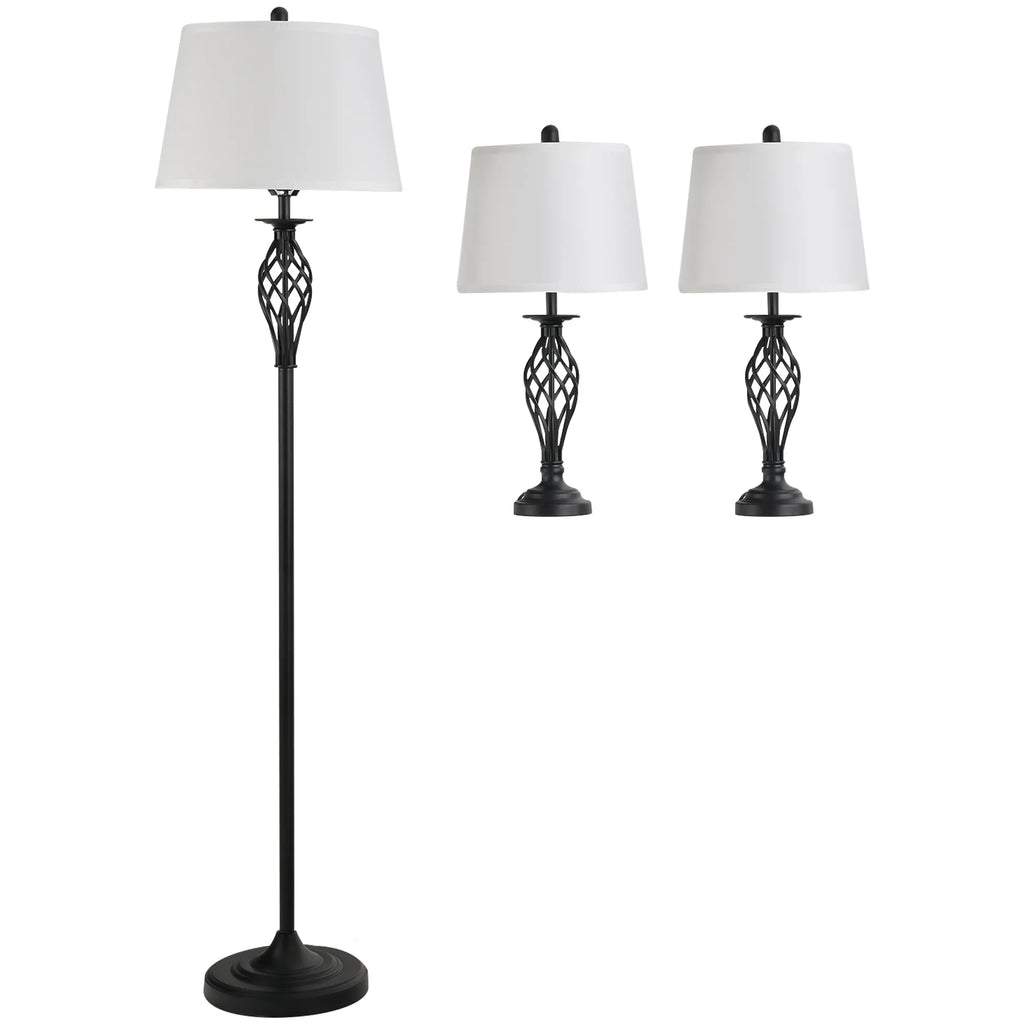 Šviestuvų komplektas 3 dalių, 2 staliniai ir 1 pastatomas šviestuvas, juodas