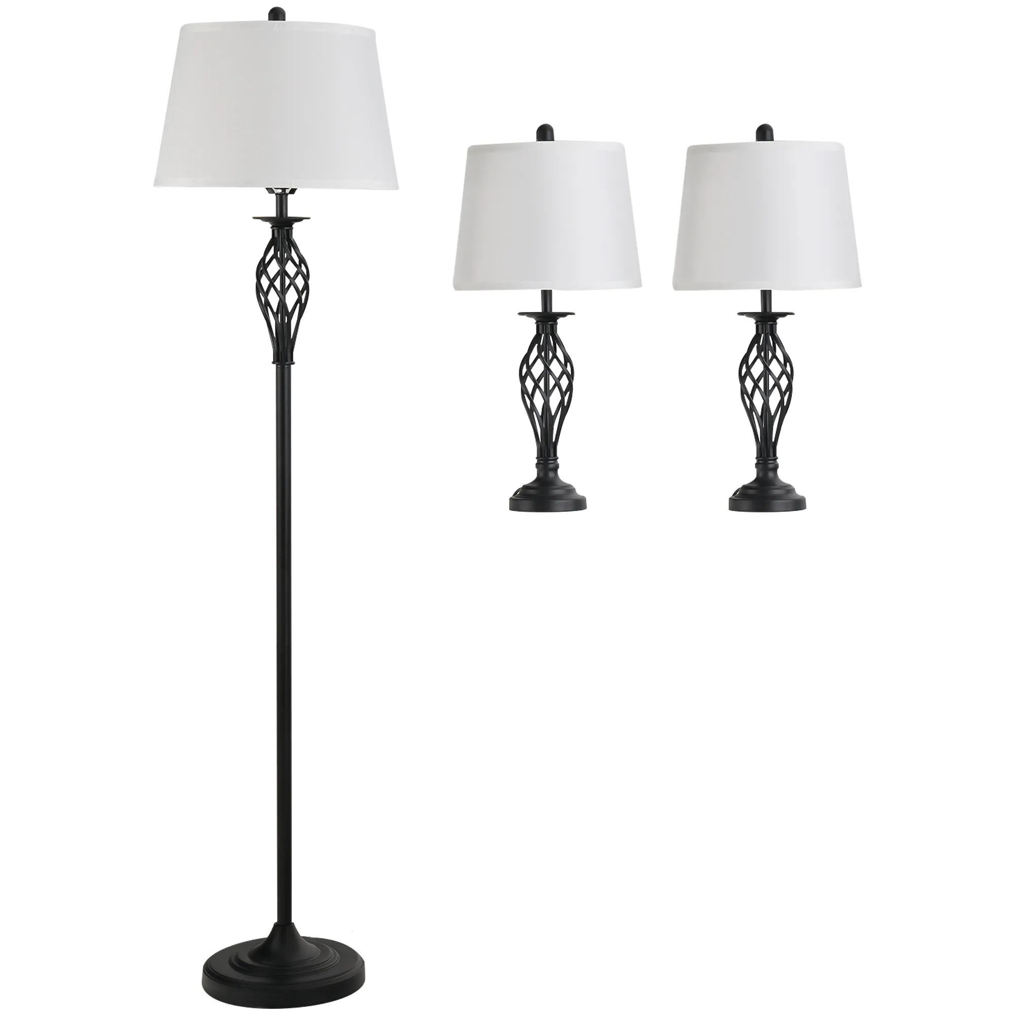 Šviestuvų komplektas 3 dalių, 2 staliniai ir 1 pastatomas šviestuvas, juodas