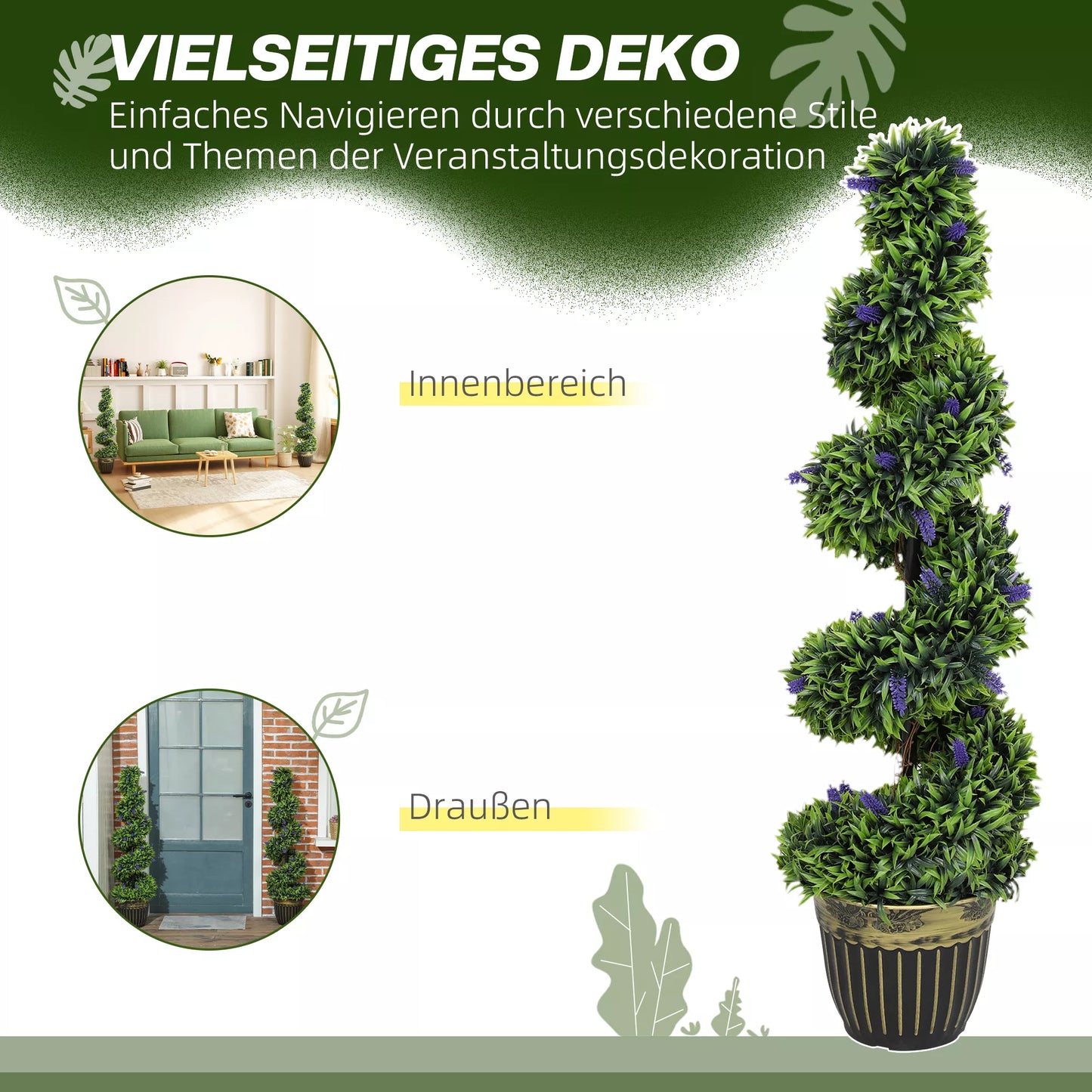 Dviejų dalių dirbtinių augalų rinkinys, spiralės dizainas, cementinis pagrindas, žalias