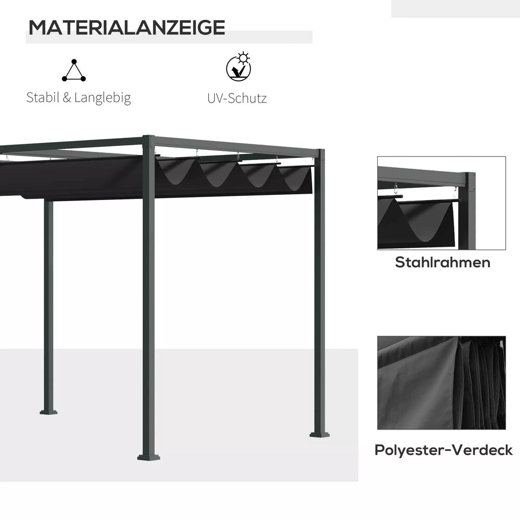 Pergola, apie 3x2 m, sodo pavėsinė, terasos stogas, metalinė, atskira sodo pavėsinė su reguliuojamu stogu, UV apsauga, saulės apsauga terasai ir sodui, juoda + pilka