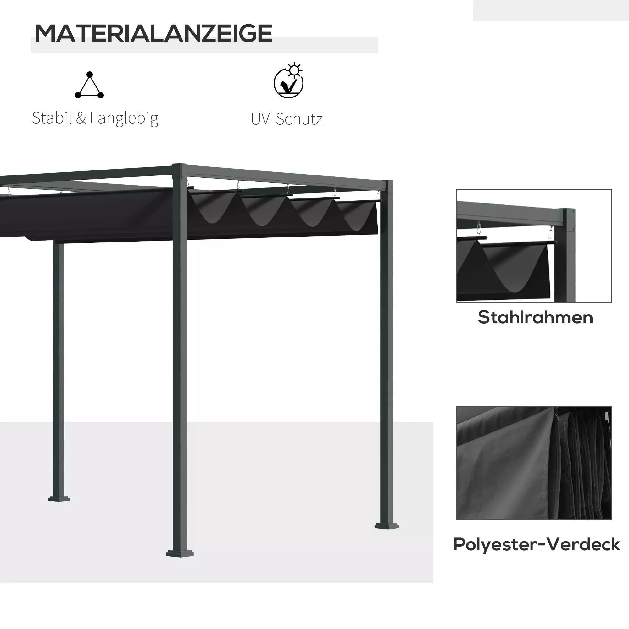 Pergola, apie 3x2 m, sodo pavėsinė, terasos stogas, metalinė, atskira sodo pavėsinė su reguliuojamu stogu, UV apsauga, saulės apsauga terasai ir sodui, juoda + pilka