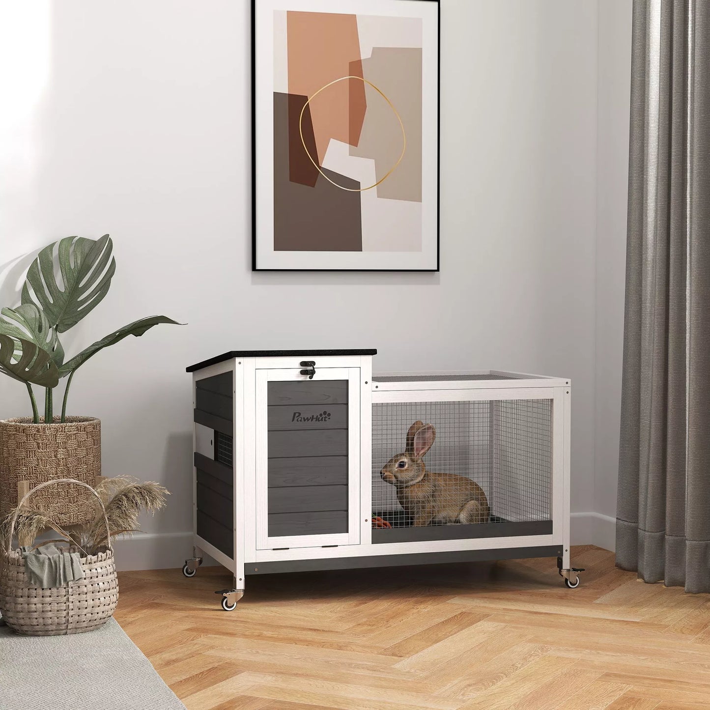 Medinė triušidė su lauko aptvaru, ratukais ir atlenkiamu stogu, skirta naudoti viduje ir lauke, 92 x 52 x 67 cm, tamsiai pilka