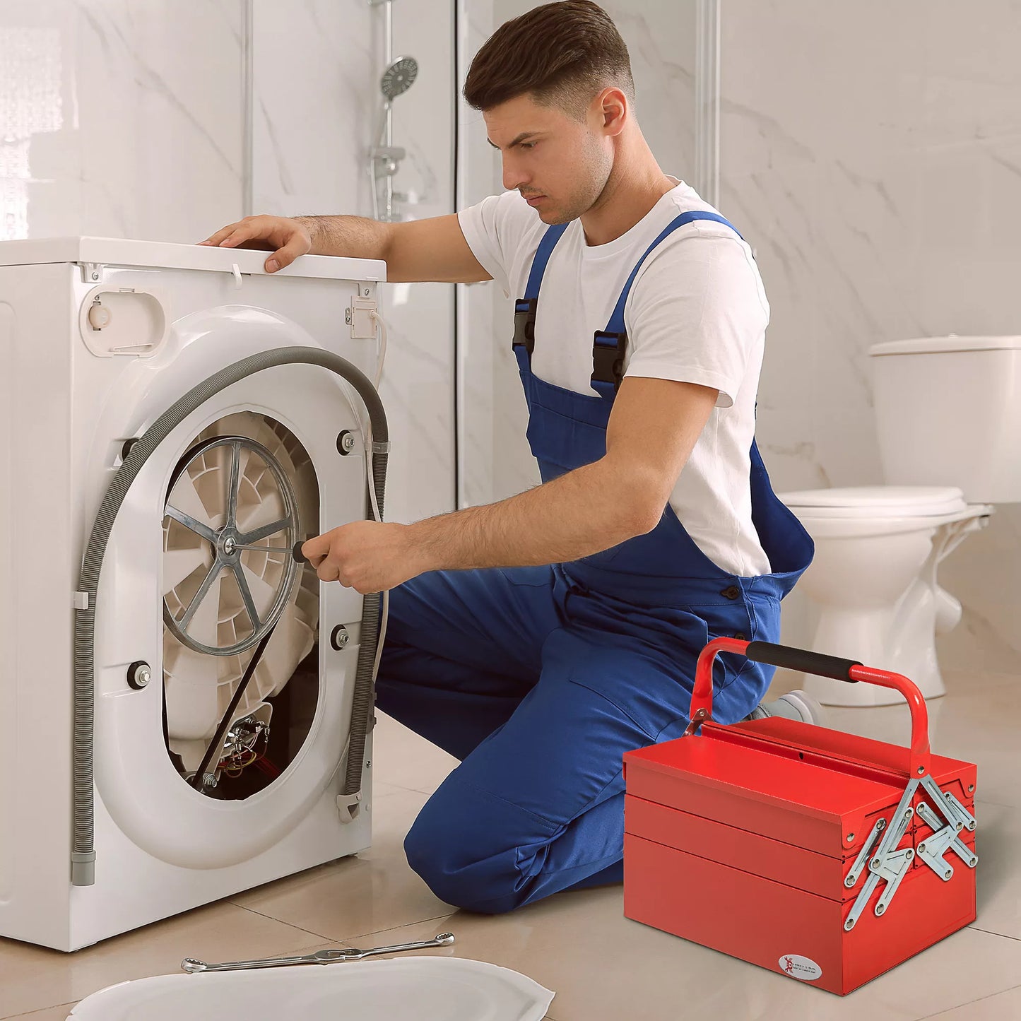 Įrankių dėžė / lagaminas su 5 skyreliais, 45 x 20 x 34,5cm, plieninė, raudona