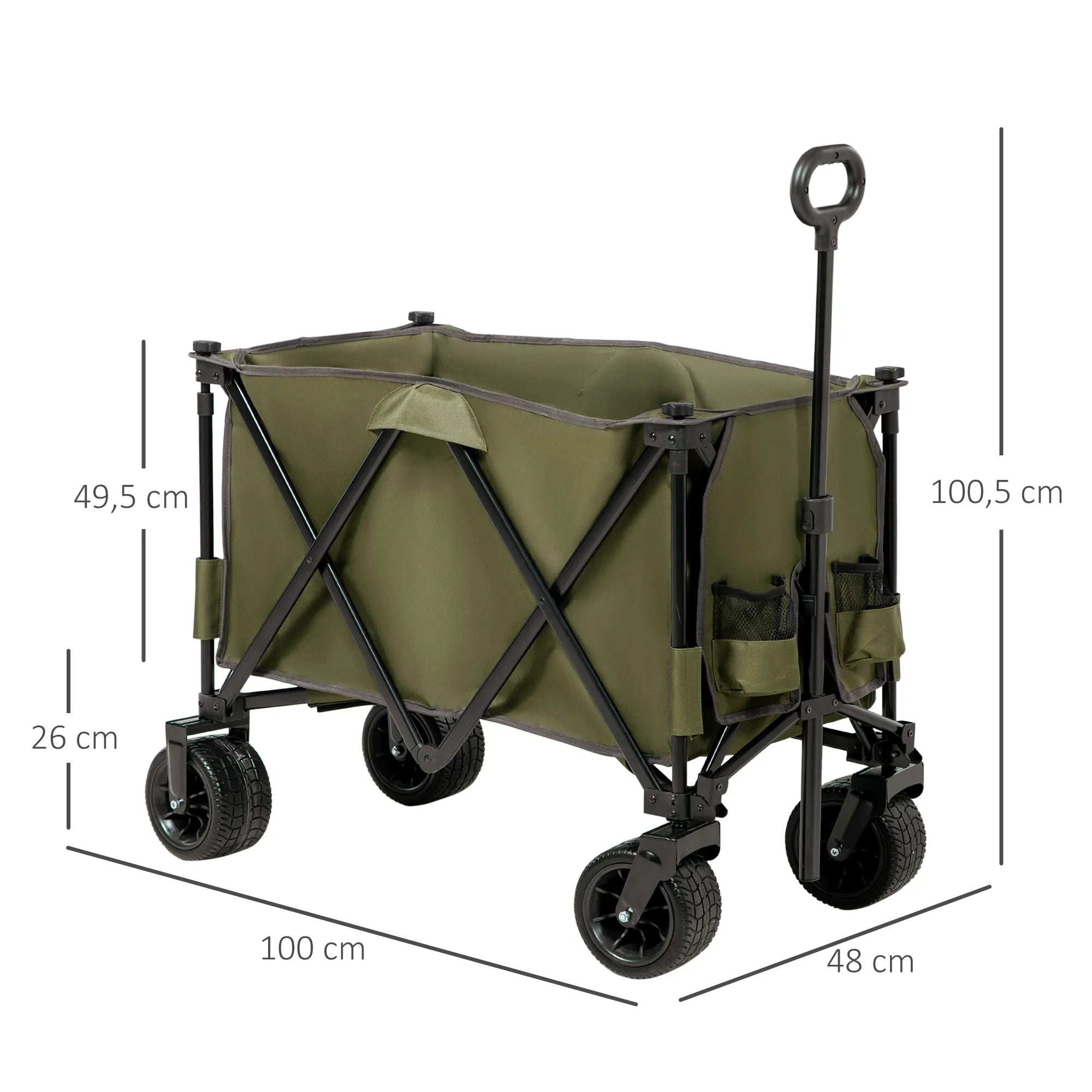 Vežimėlis, sulankstomas, 7 šoninės kišenės, reguliuojama rankena, iki 120 kg, plienas, žalias, 100 x 48 x 100,5 cm