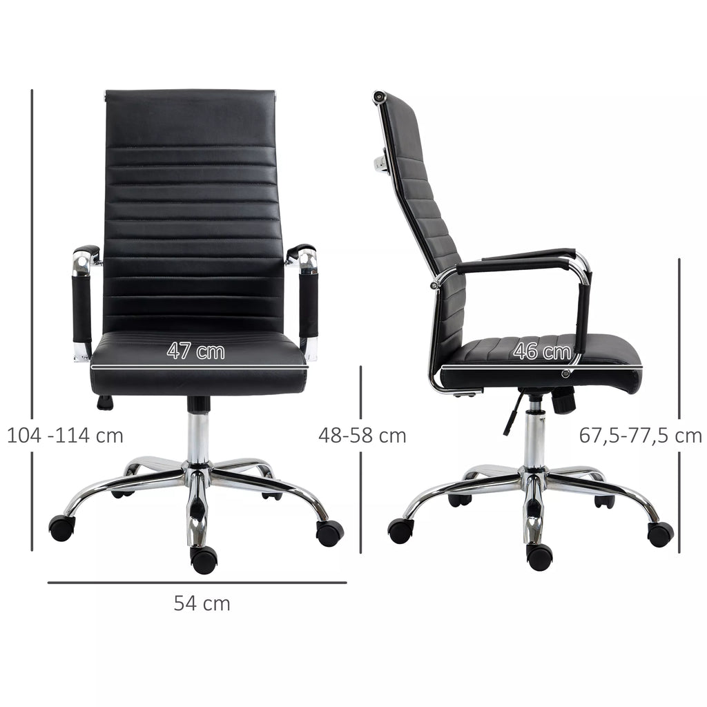 Juodos biuro kėdės matmenų schema: 54x104–114 cm, atlošas 47–48 cm