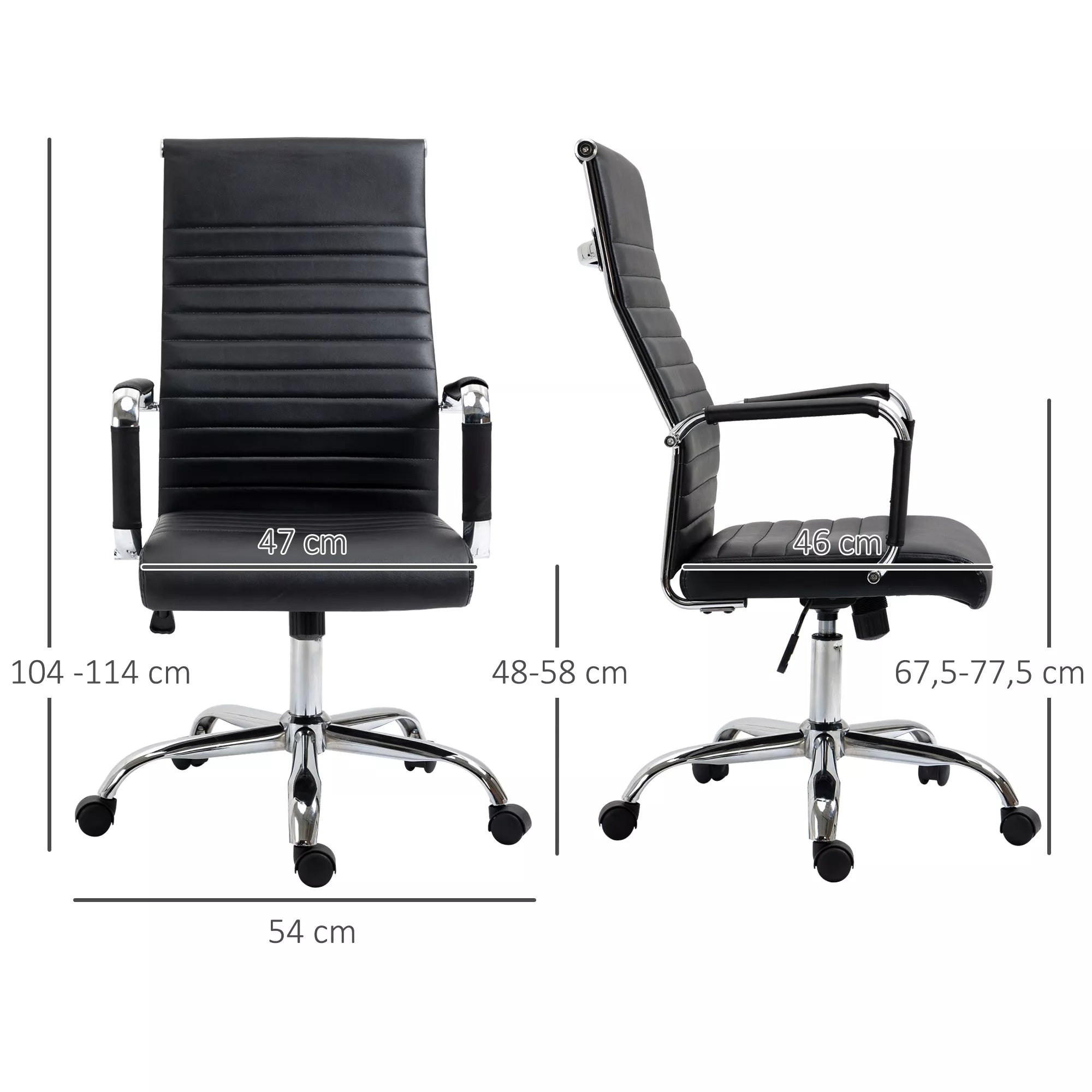 Juodos biuro kėdės matmenų schema: 54x104–114 cm, atlošas 47–48 cm
