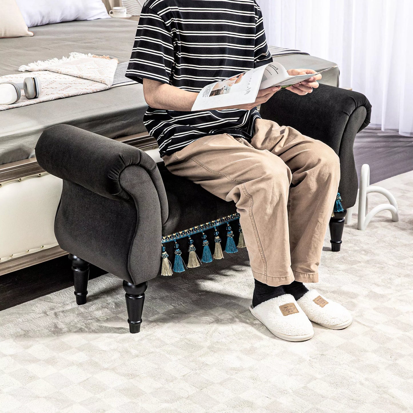 Minkštasuolis, sėdimasis suolas, vintažinis dizainas, iki 150 kg, 117x40x58 cm, tamsiai pilkas