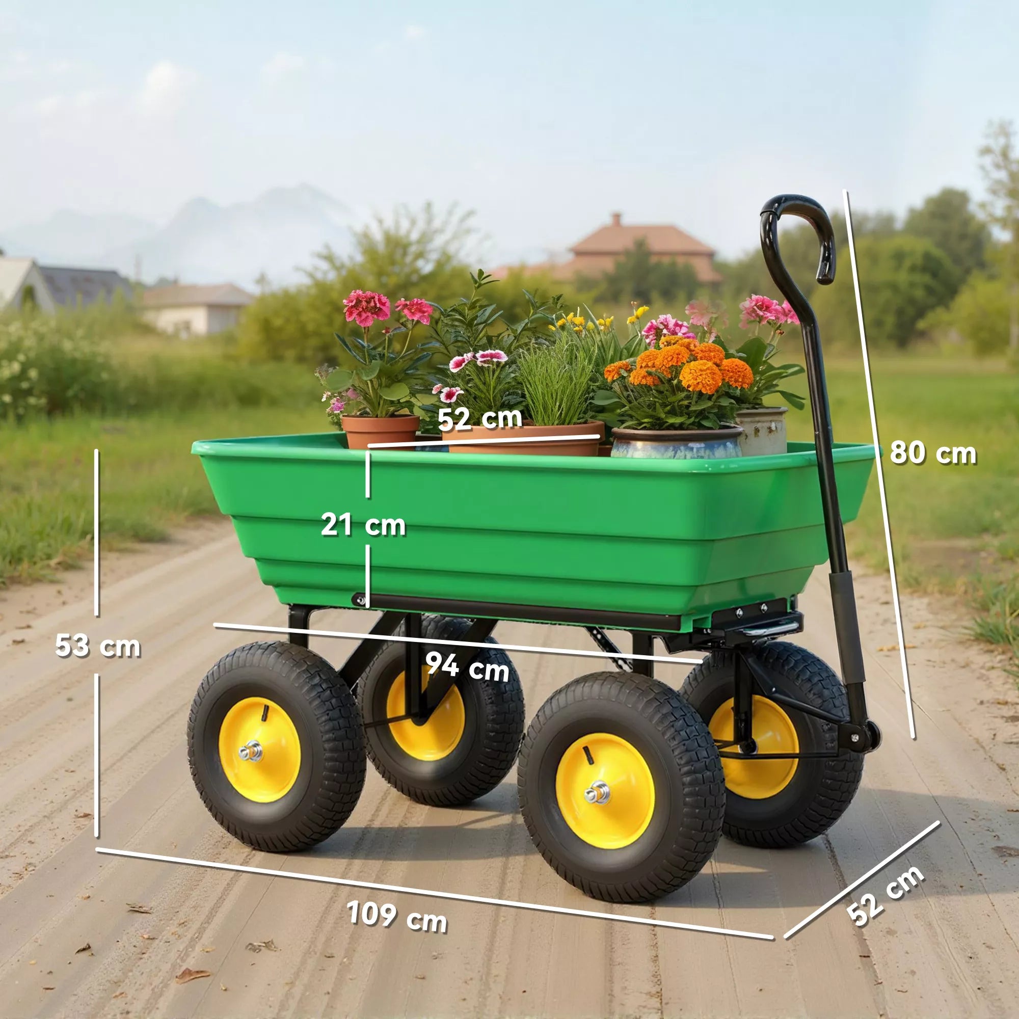 Sodo vežimėlis, su vertimo funkcija ir 75 litrų talpa, plastikas ir metalas, iki 200 kg, žalias