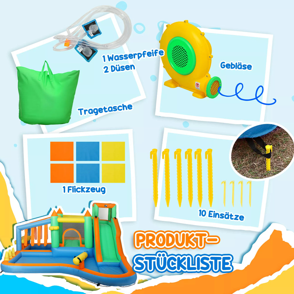 Vaikų batutas su vandens čiuožykla, plaukimo baseinu ir laipiojimo siena, skirtas naudoti viduje ir lauke, 360 x 315 x 195 cm, spalvotas