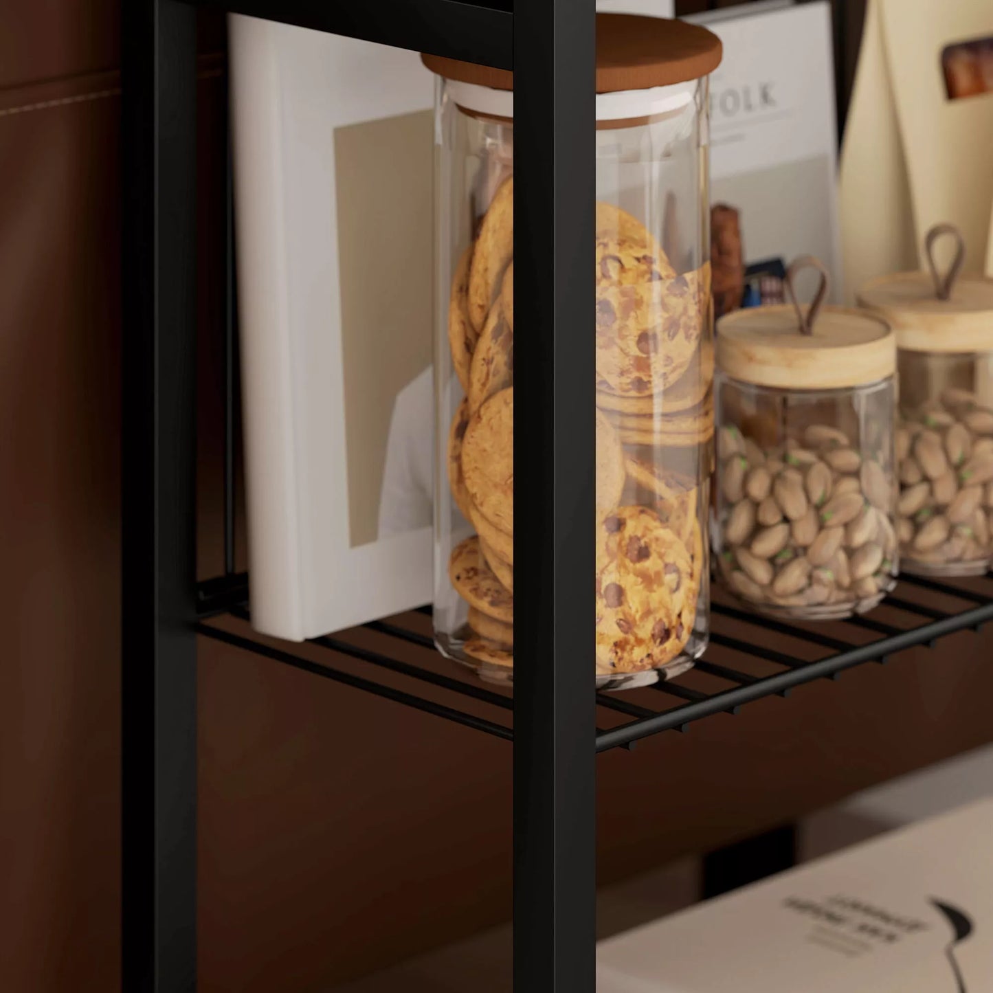 Pagalbinis staliukas, 3 pakopų dizainas, lentynos medžio imitacijos, plieninis rėmas, juodos spalvos