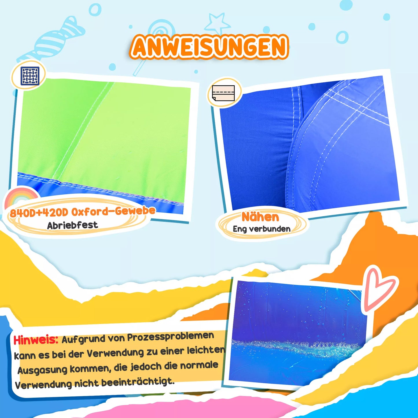 Šokinėjančioji pilis su raukiniais, šokinėjimo zona, baseinas, pripučiama, su elektrine pompa, skirta iki 3 vaikams, 380 x 340 x 170 cm