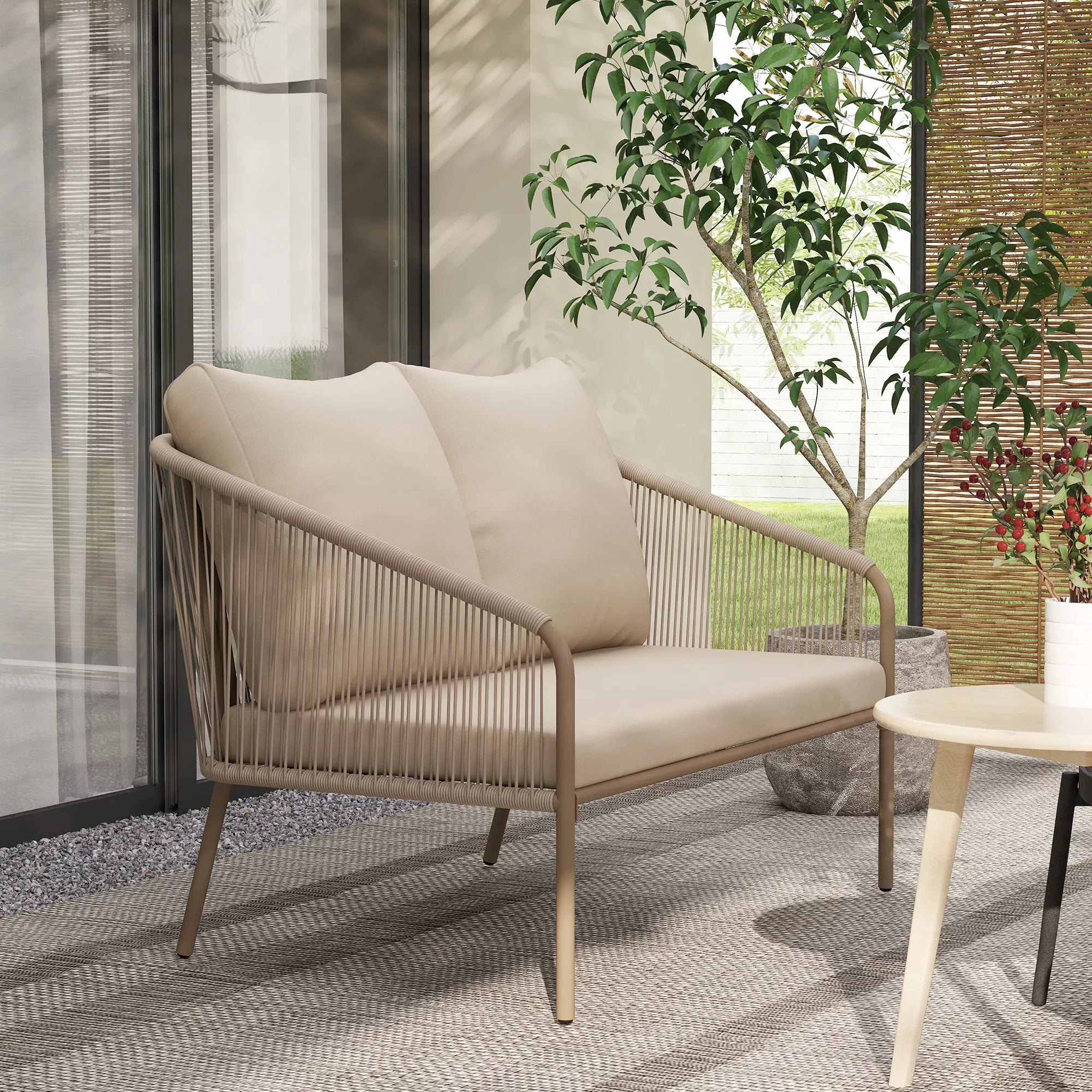 2-vietė rotango sofa su pagalvėlėmis, poilsio sofa, atspari oro sąlygoms, smėlio spalvos