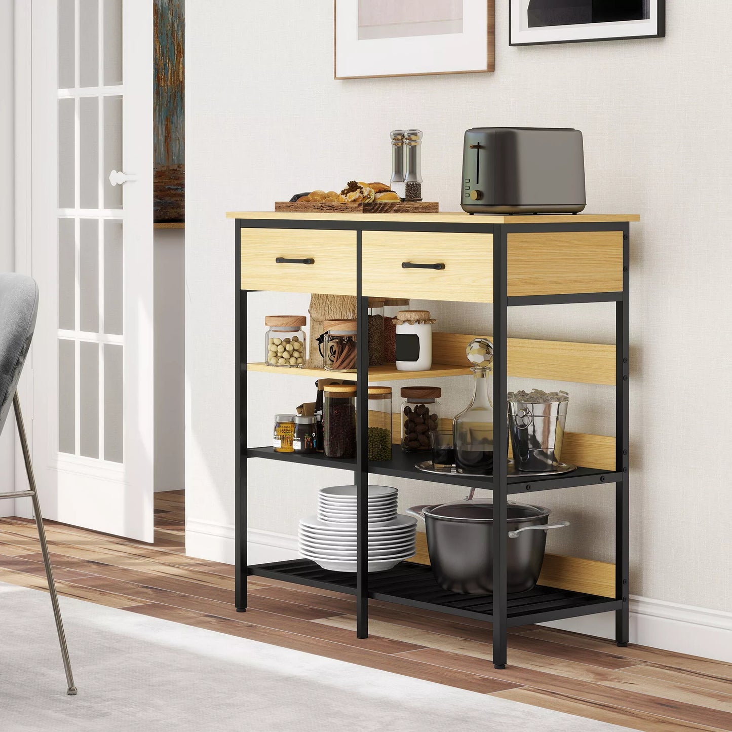 Bufetas, komoda su 2 stalčiais, 3 atviromis lentynomis Virtuvės spintelė virtuvėms, svetainėms 90 x 40 x 91 cm, natūralus medis