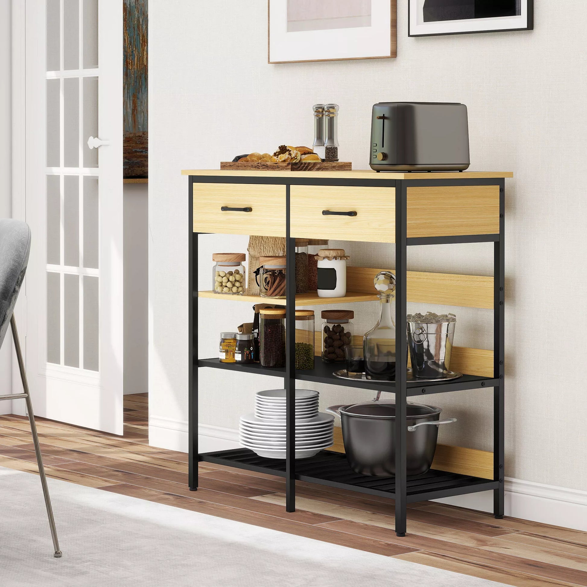 Bufetas, komoda su 2 stalčiais, 3 atviromis lentynomis Virtuvės spintelė virtuvėms, svetainėms 90 x 40 x 91 cm, natūralus medis