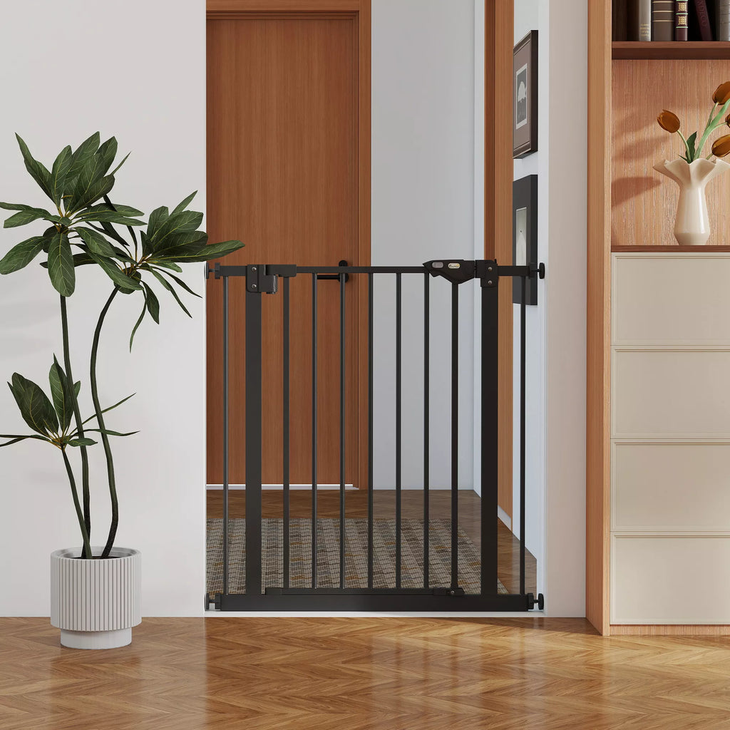 Durų apsauginės grotelės šunims, užtvaros, apsauginės grotelės naminiams gyvūnams, metalas, plastikas, 74–80 cm, juodos spalvos