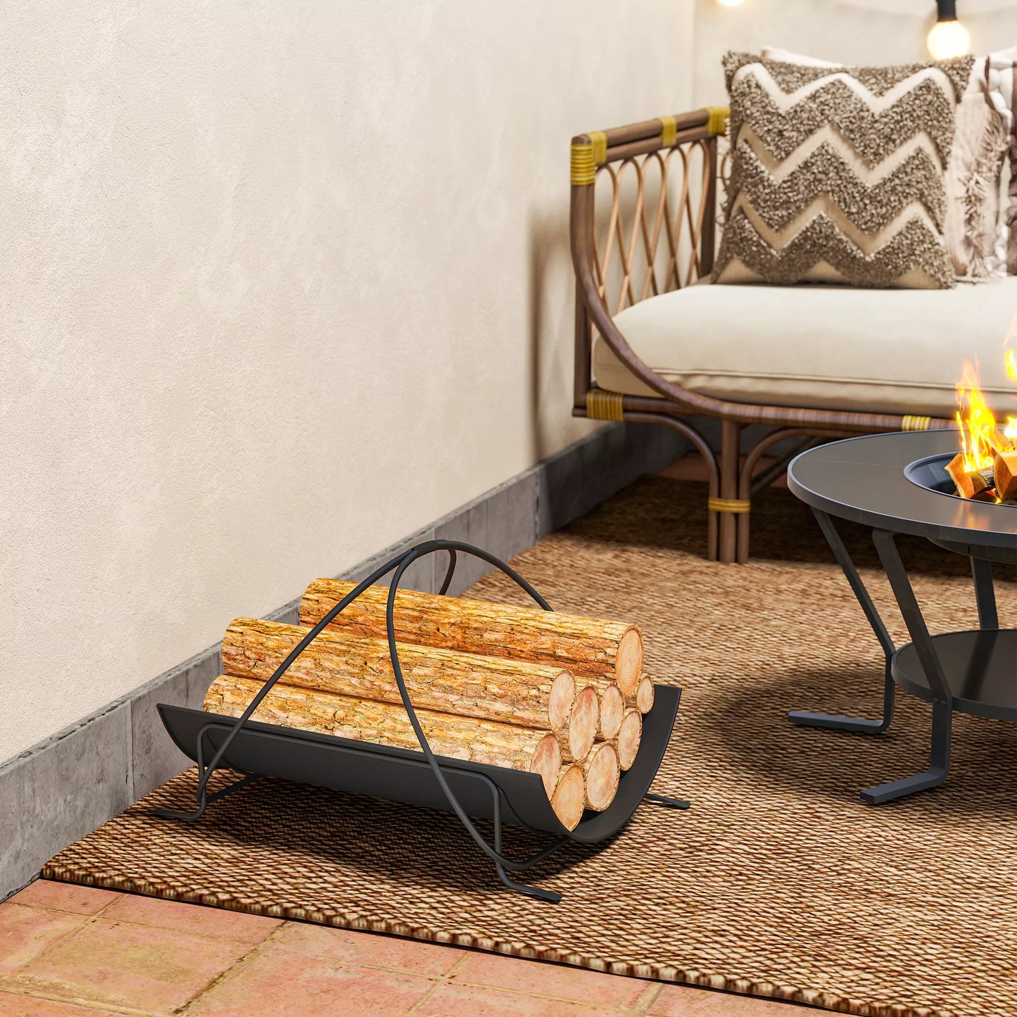 Vidinė malkų laikymo lentyna 51 x 38 x 33cm, geometrinis malkų stovas su metaline rankena, juoda