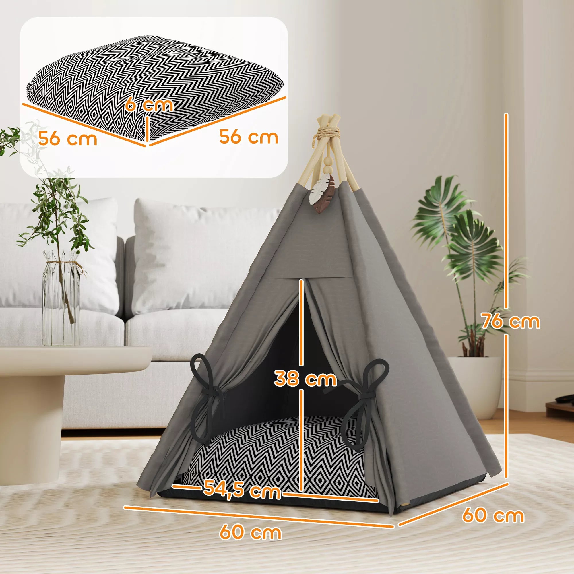 Tipi palapinė naminiams gyvūnams, gyvūnų lovelė tipi stiliaus, katės palapinė su pagalvėmis, šunų lovelė miegui, katės lovelė, pilka