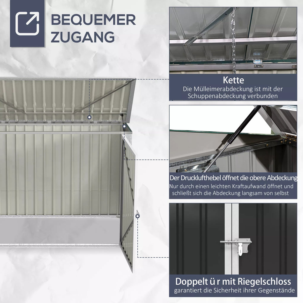 Lauko šiukšliadėžių dėžė Storer, užrakinama įrangos dėžė 2 šiukšliadėžėms, plieninė, 178,5 x 104,5 x 128,5/113 cm, juoda