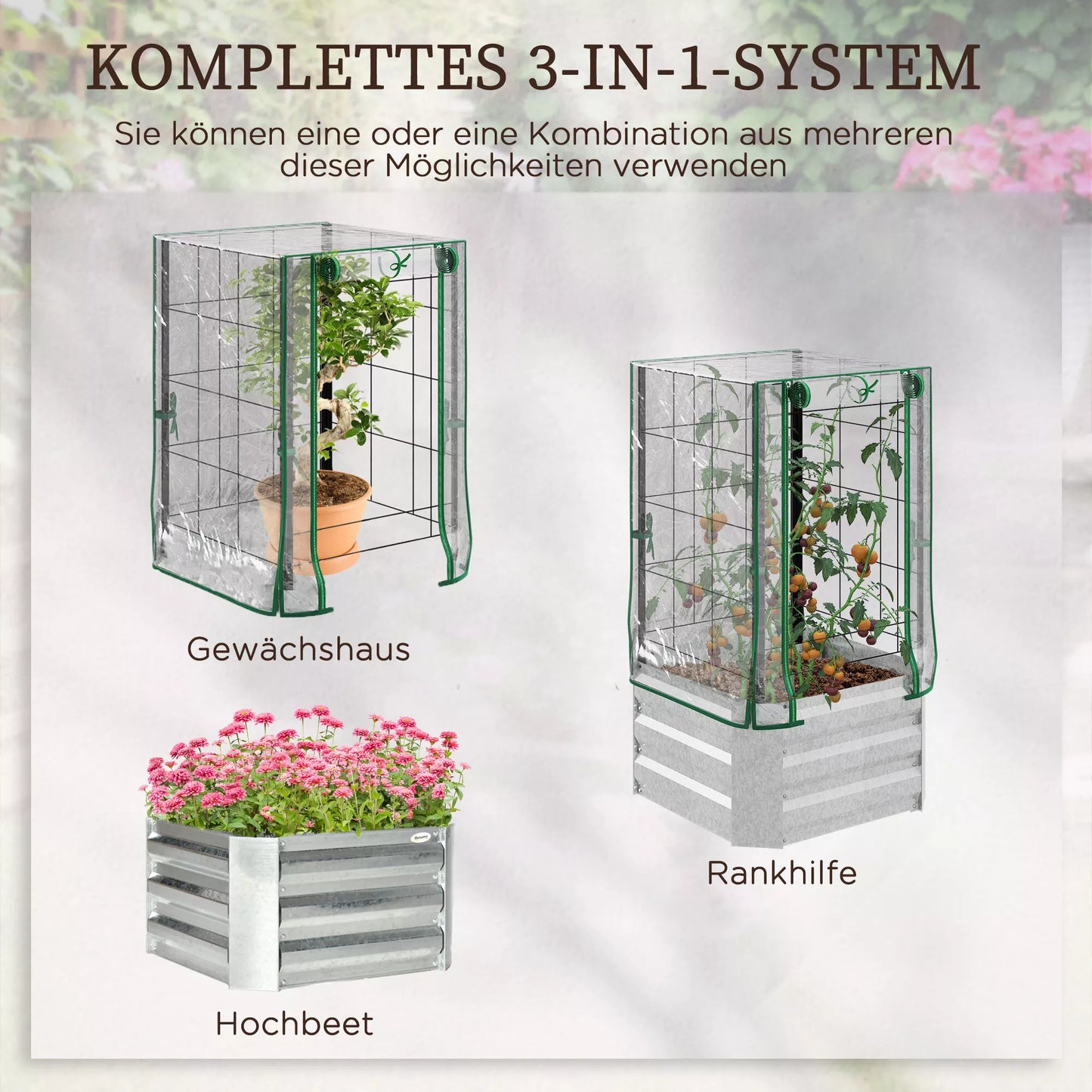 Pakeltas lysvas (šiltnamis), 3 dalių komplektas, su atraminėmis grotelėmis, plastikiniu dangčiu, 53 x 53 x 90 cm