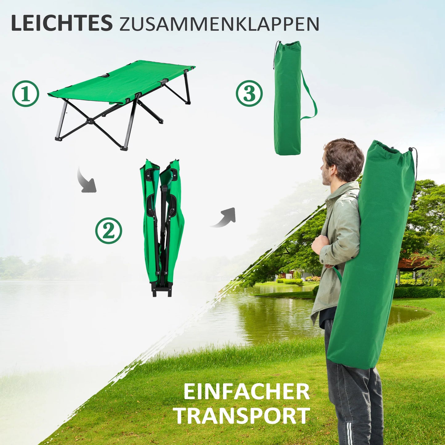 Kempingo lova Lauko lova Sulankstoma lova su šonine kišene Gėrimų laikikliu, atlaiko iki 136 kg svorio Plienas Oxford Žalia+Juoda 190 x 65 x 40 cm