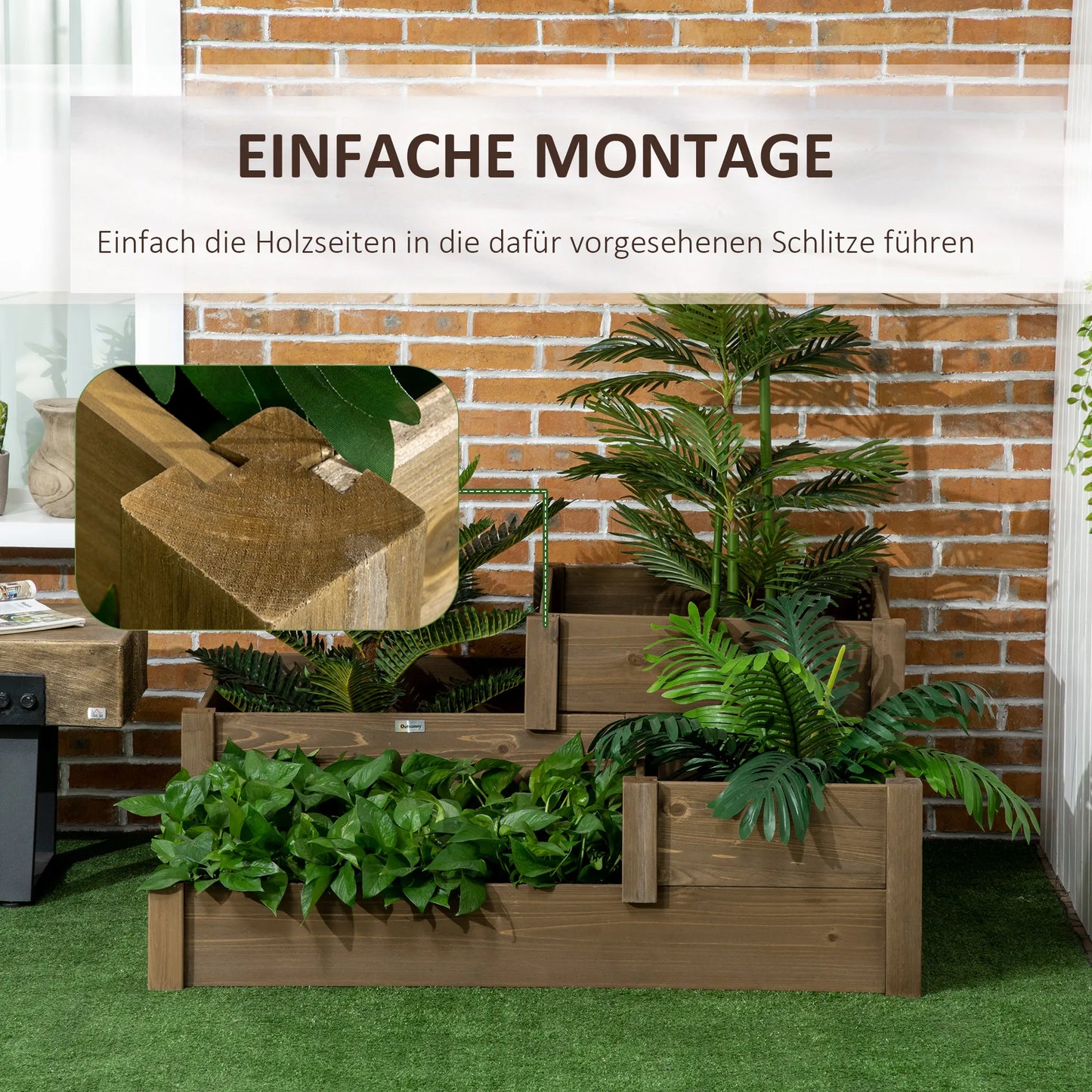 Paaukštinta lysvė, 4 sodinimo loveliai ant 3 pakopų, atsparus oro sąlygoms, medžio masyvas, 122 cm x 122 cm x 51 cm, natūralus