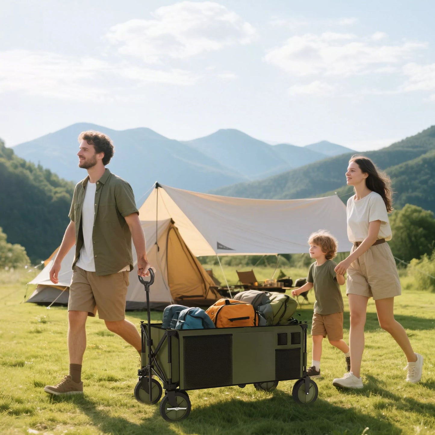 Sulankstomas vežimėlis, 5 šoninės kišenės, reguliuojama rankena, iki 120 kg apkrovos, plienas, 108 x 55 x 93 cm, žalias
