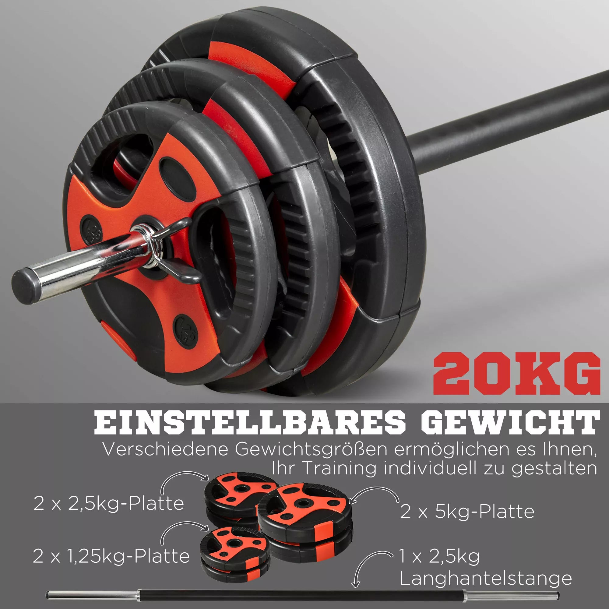 Hantelių rinkinys 20 kg, su 6 hantelių svoriais, 2 x 5kg, 2 x 2,5kg, 2 x 1,25kg, neslystanti rankena, juoda+raudona