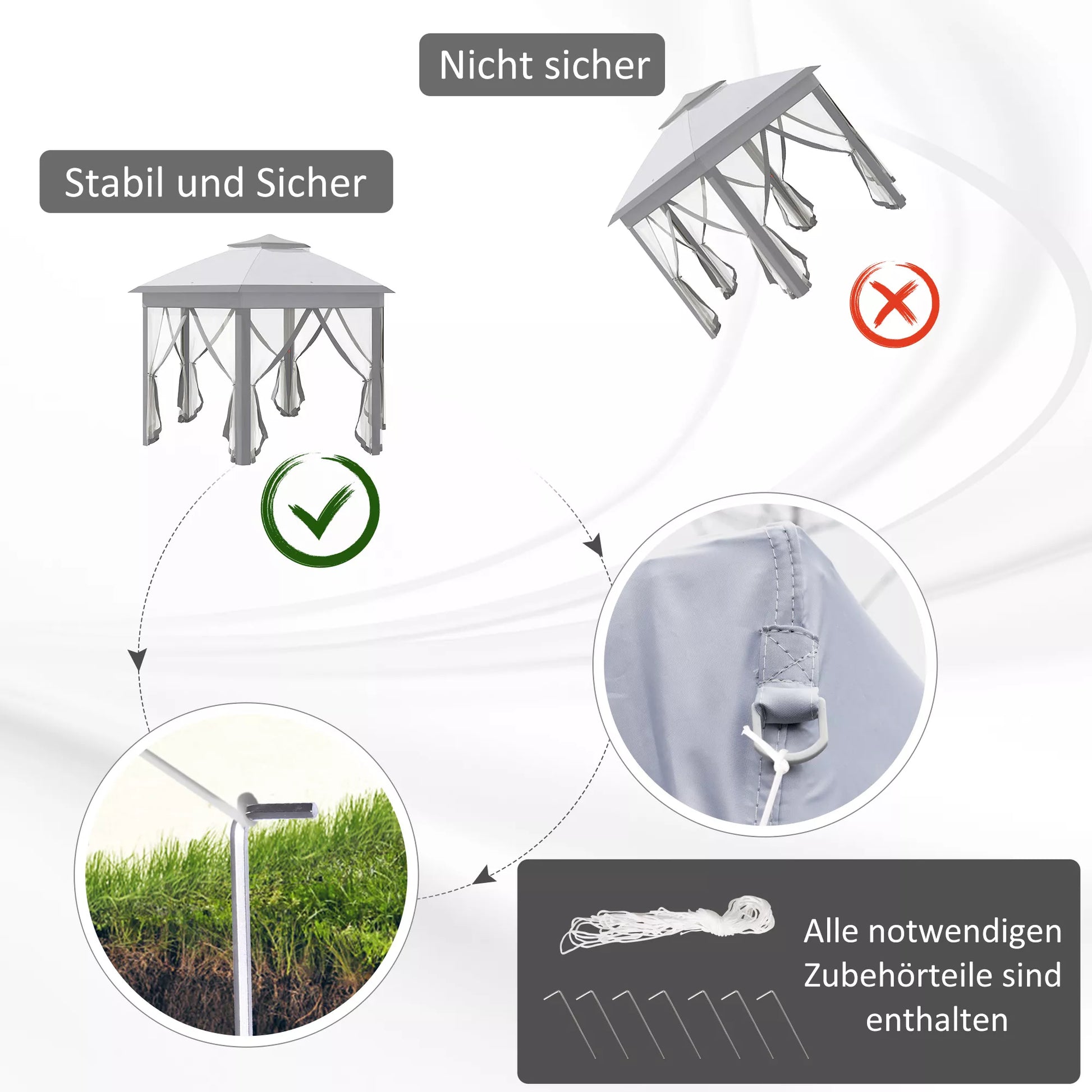 Sulankstomas paviljonas 4 x 4 m, šešiakampis dizainas, tinklinės užuolaidos, atsparus vandeniui, vėdinamas stogas, pilkos ir baltos spalvos